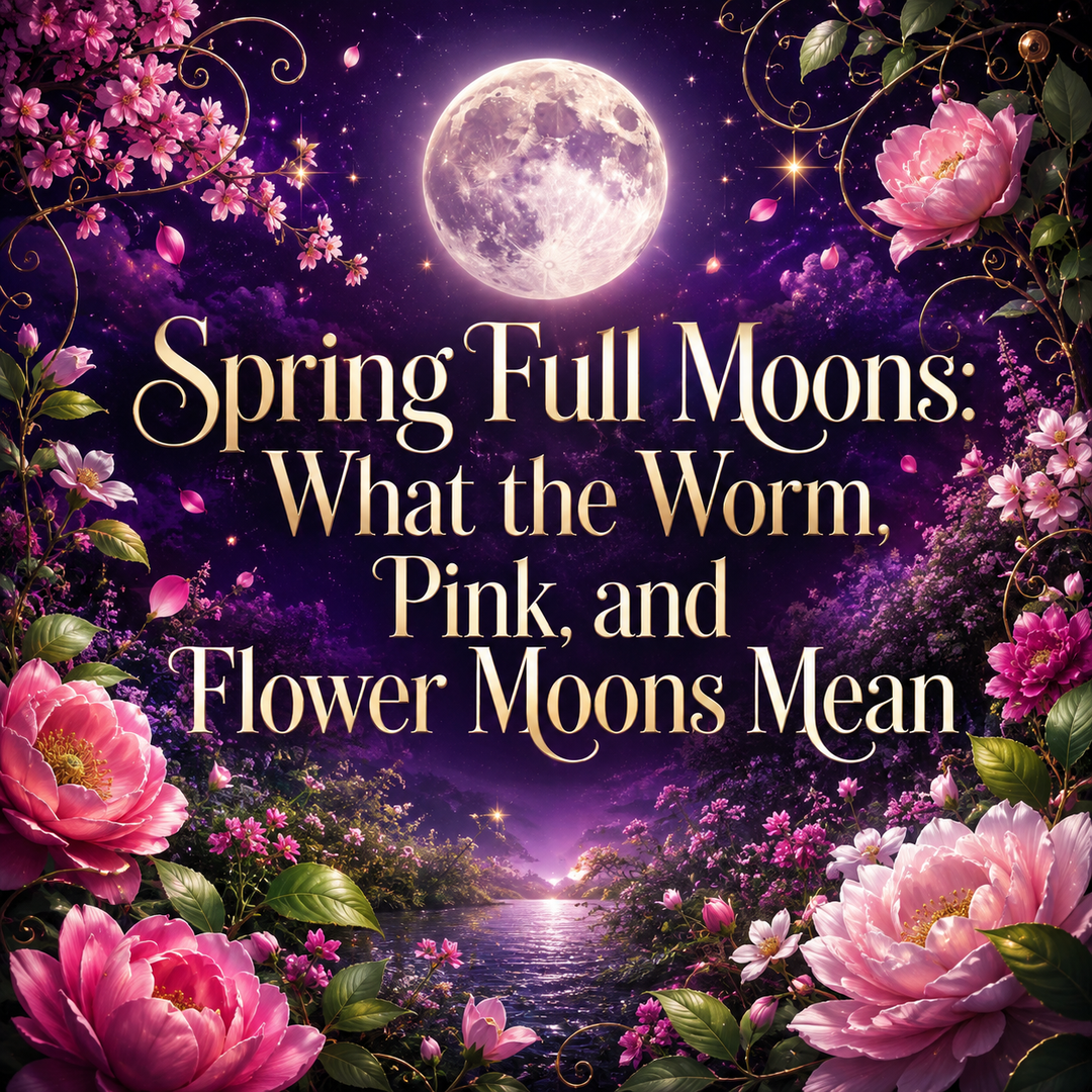 Spring full moon glowing above a colorful garden of pink flowers.