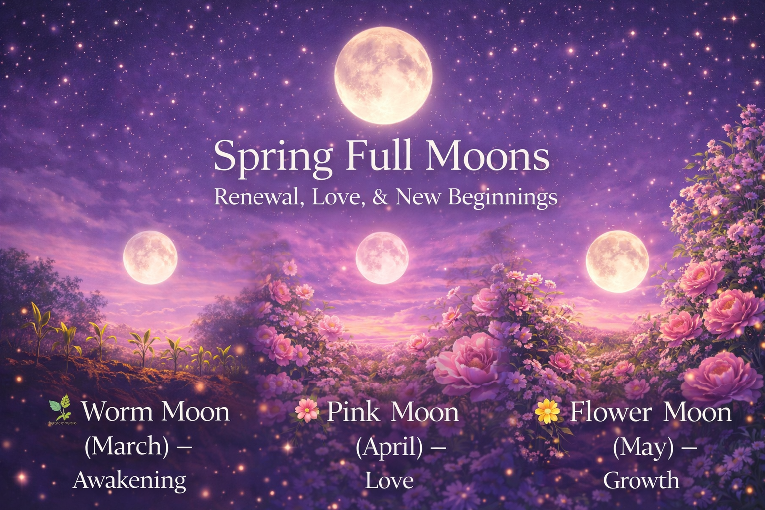 Spring full moons including Worm Moon, Pink Moon, and Flower Moon representing renewal, love, and growth during the spring season