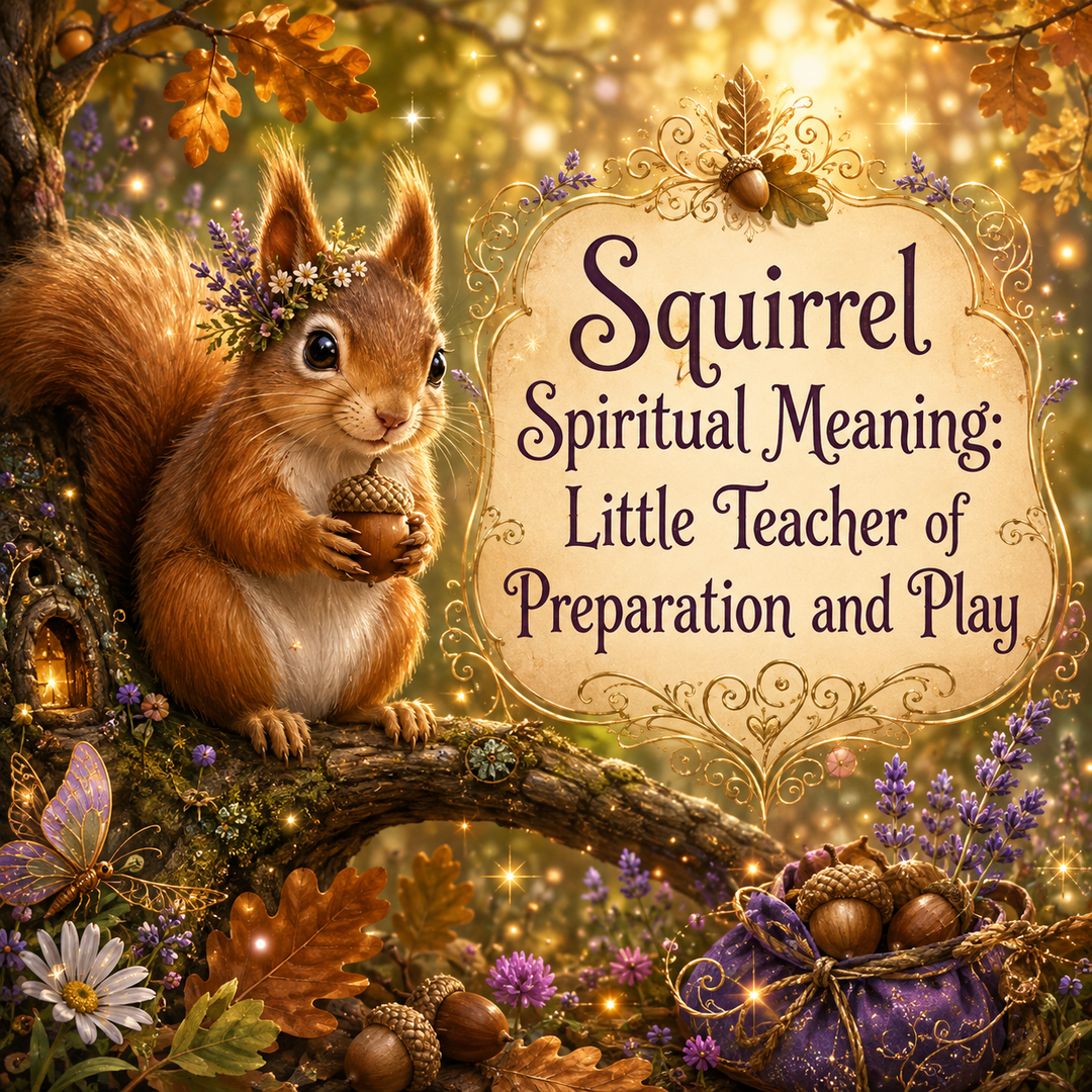 Squirrel spiritual meaning illustration showing a squirrel with an acorn as a symbol of preparation, resourcefulness, balance, and playfulness.