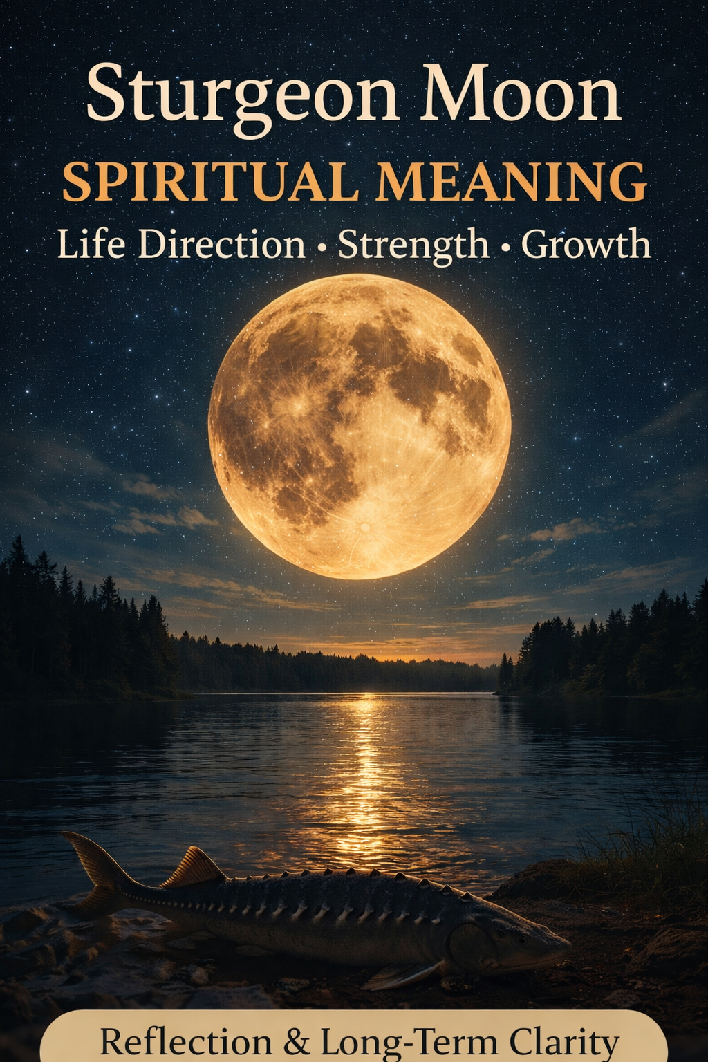 Sturgeon Moon over a lake representing life direction, inner strength, and long-term clarity during the August full moon