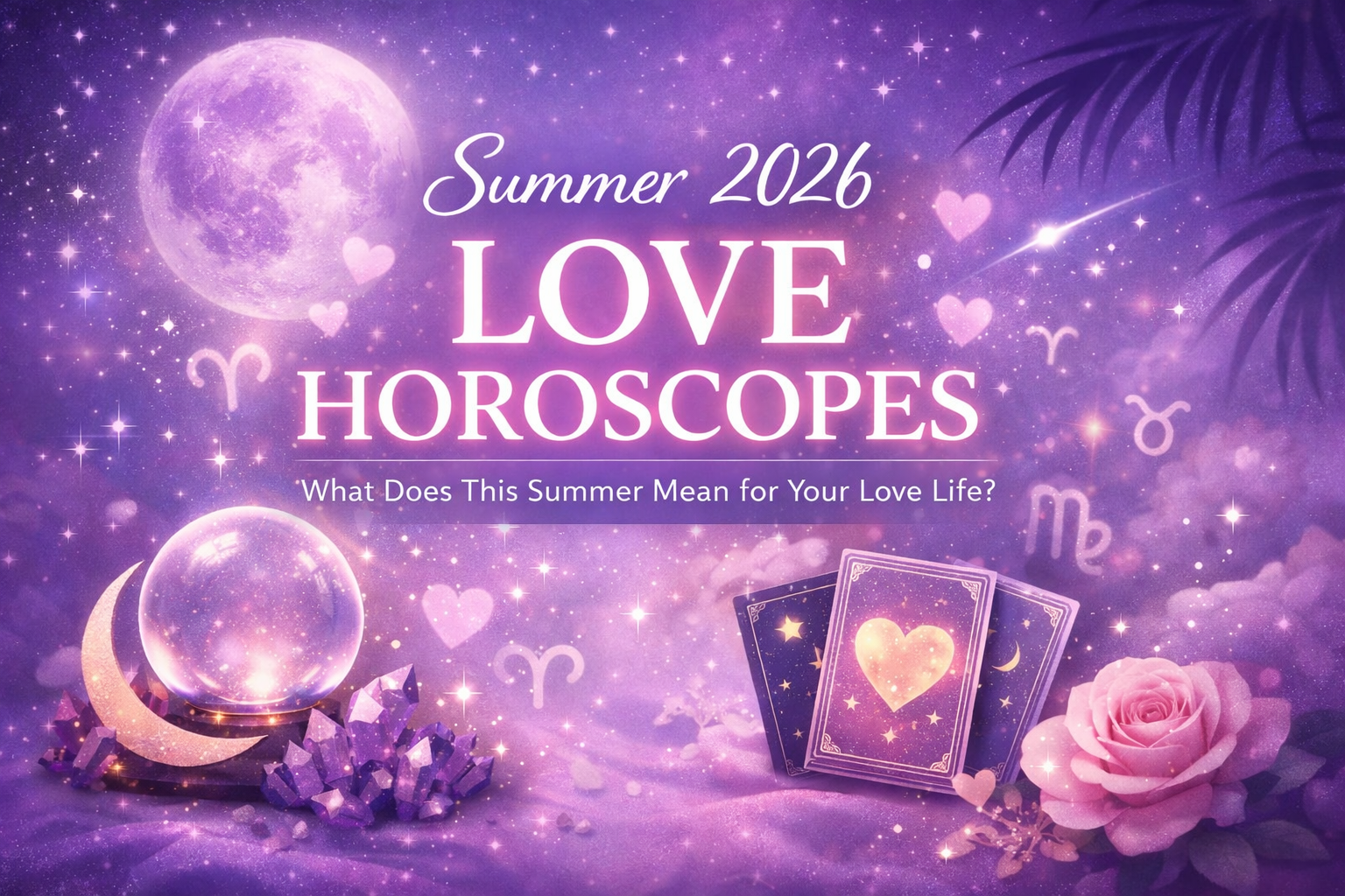 Violet feminine Summer 2026 love horoscope image with moon, tarot cards, zodiac symbols, and romantic celestial background