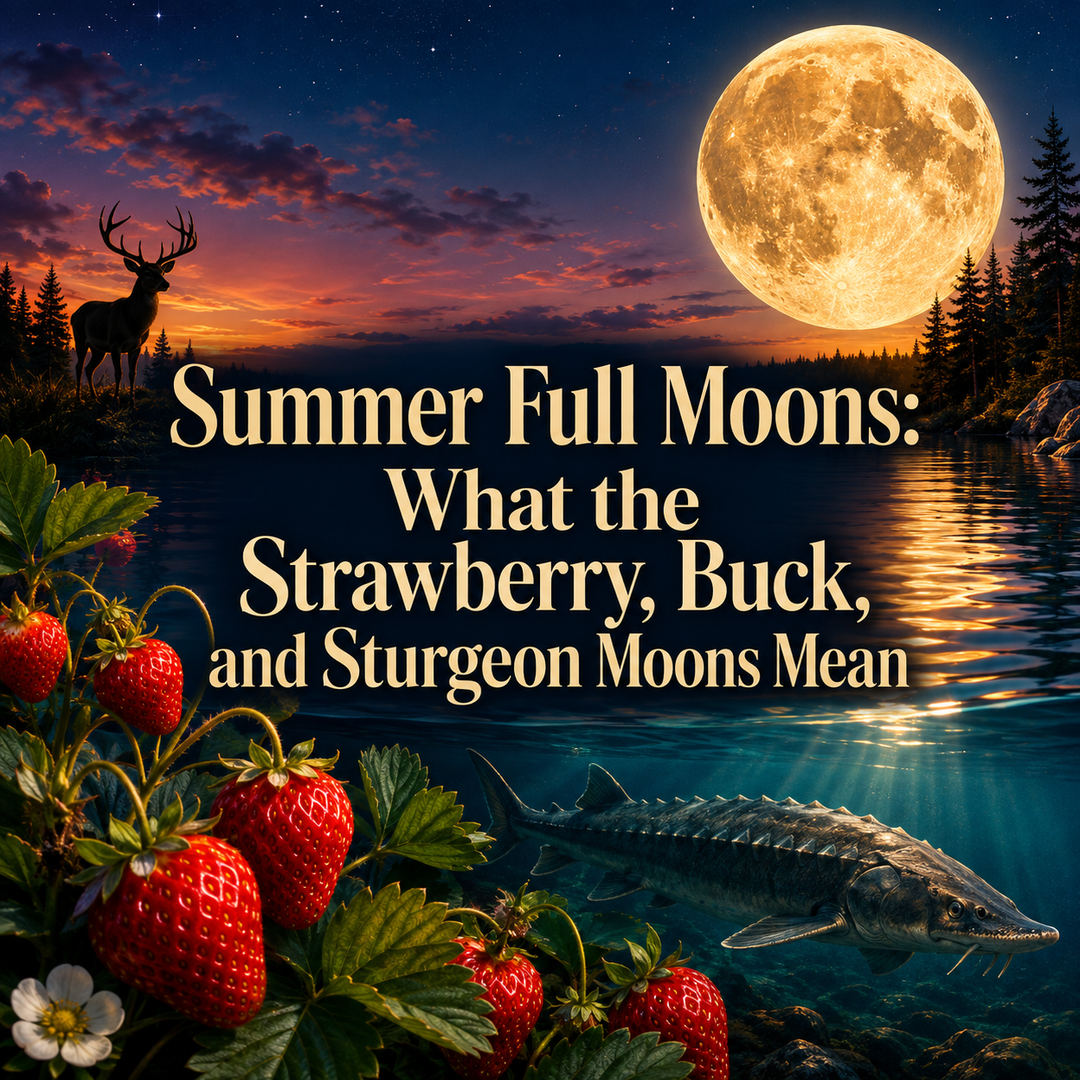 Summer full moon above a lake with strawberries, a buck, and a sturgeon.