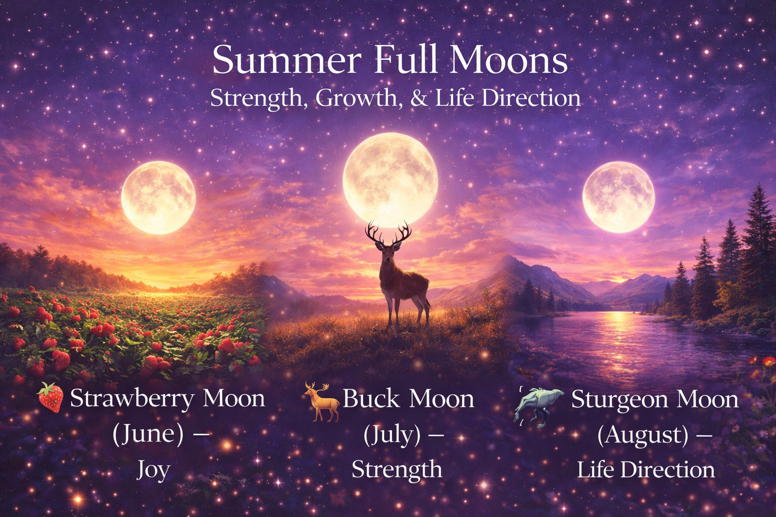Summer full moons including Strawberry Moon, Buck Moon, and Sturgeon Moon representing strength, growth, and life direction during the summer season