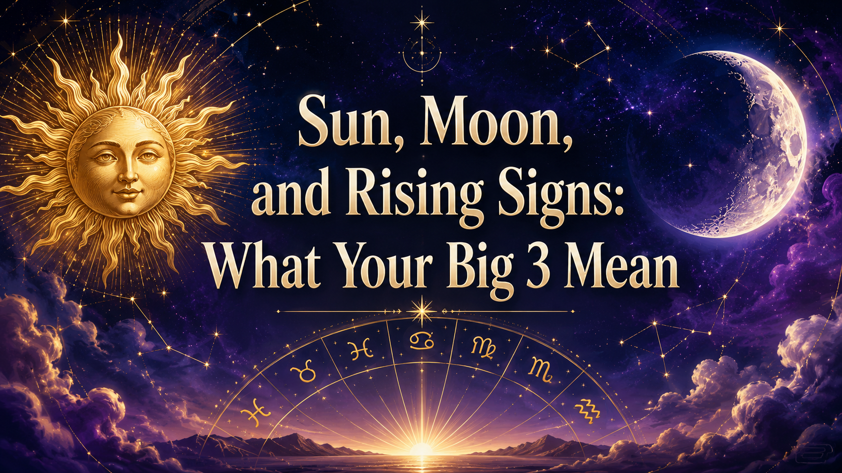 Celestial astrology image featuring the sun, moon, zodiac symbols, and the title about your Big 3 signs.