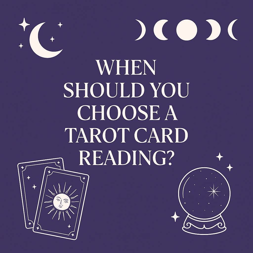 Mystical purple tarot card reading graphic with moon phases, stars, and a crystal ball, symbolizing psychic insight and spiritual guidance