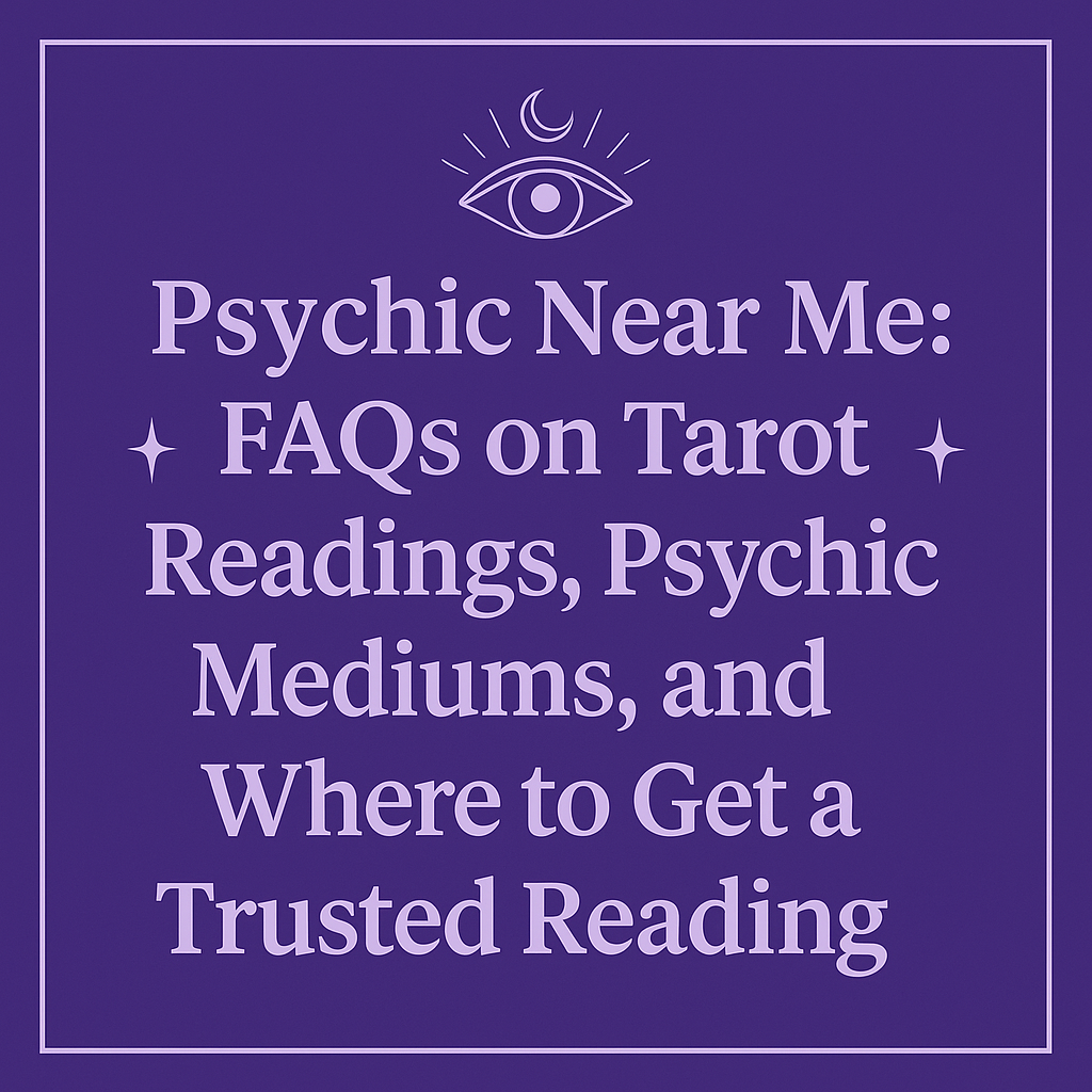 Psychic Near Me FAQ graphic with tarot, psychic medium, and trusted reading text in purple and white