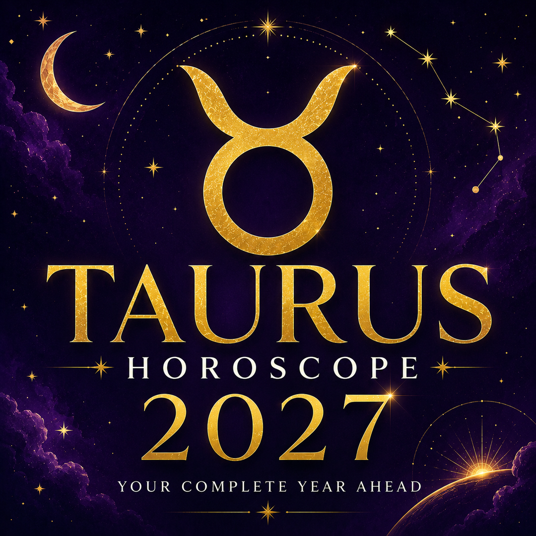 Gold Taurus zodiac symbol on a deep violet celestial background with “Taurus Horoscope 2027: Your Complete Year Ahead.”