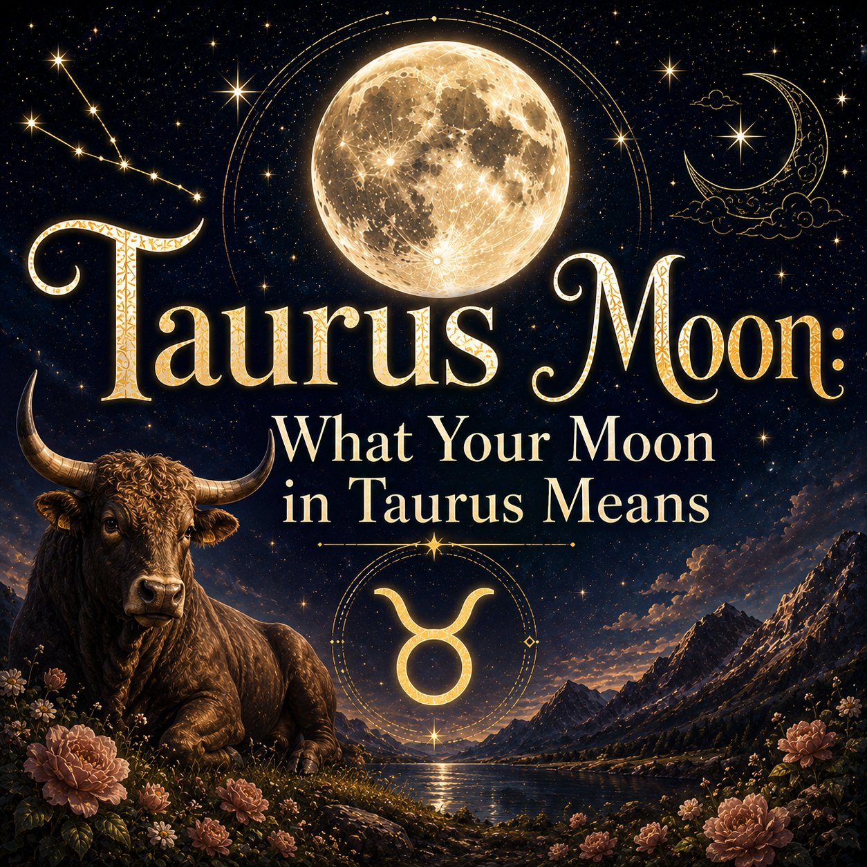 Celestial Taurus Moon graphic with a glowing full moon, Taurus symbol, brown bull, stars, mountains, lake, and flowers.