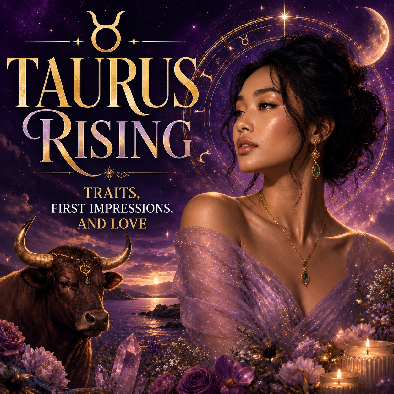 Celestial Taurus Rising image with a woman, a bull, flowers, crystals, and gold astrology details against a purple cosmic sky.