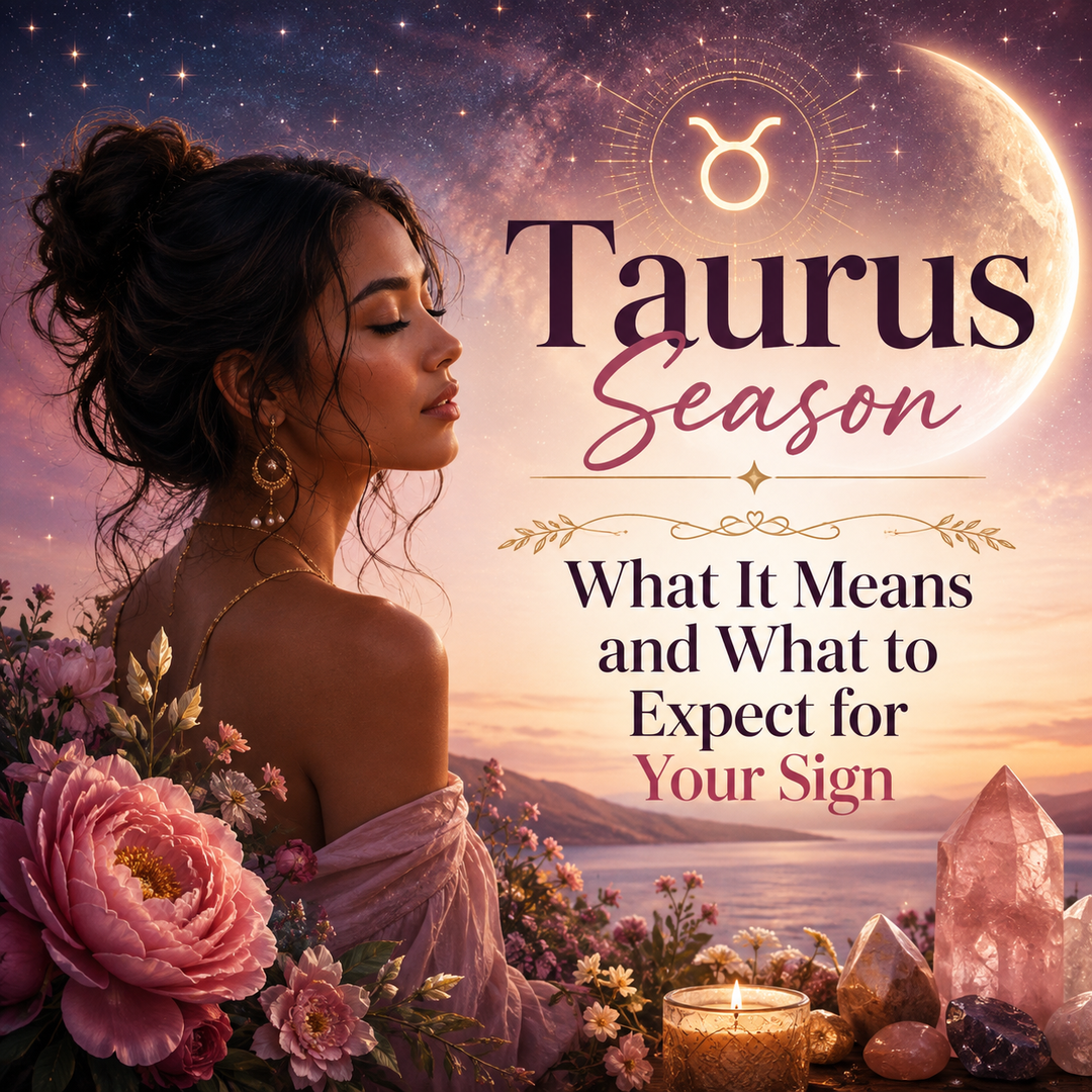 Taurus Season astrology graphic featuring a woman, Taurus symbol, glowing moon, celestial stars, and pink flowers with the title What It Means and What to Expect for Your Sign.