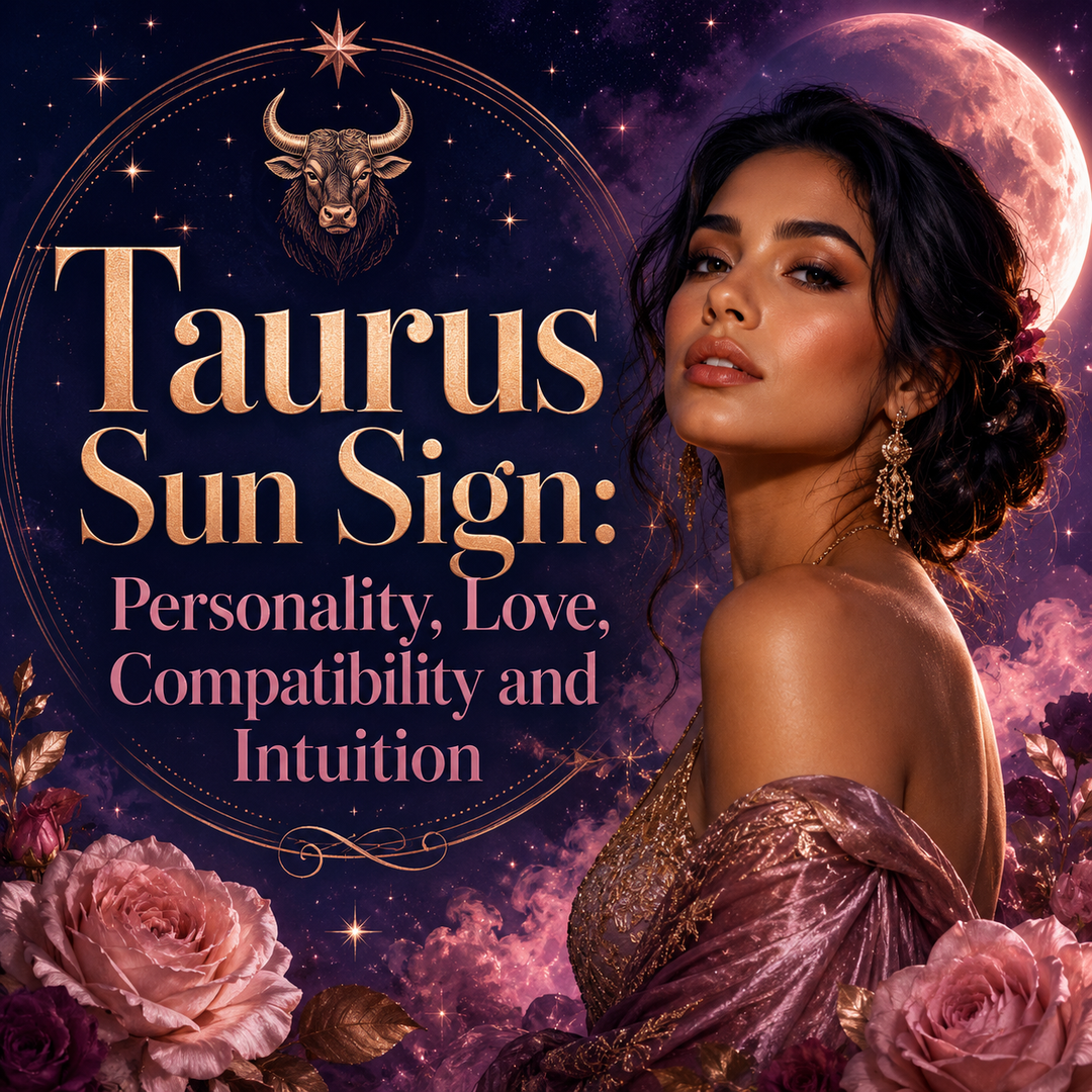 aurus Sun Sign astrology graphic featuring a woman, Taurus bull symbol, celestial stars, glowing moon, and pink flowers with the title Personality, Love, Compatibility and Intuition.