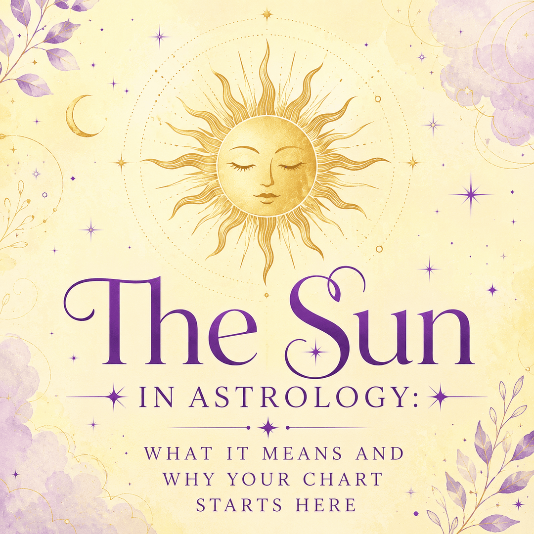 Gold sun on a light yellow celestial background with violet text reading “The Sun in Astrology: What It Means and Why Your Chart Starts Here.”