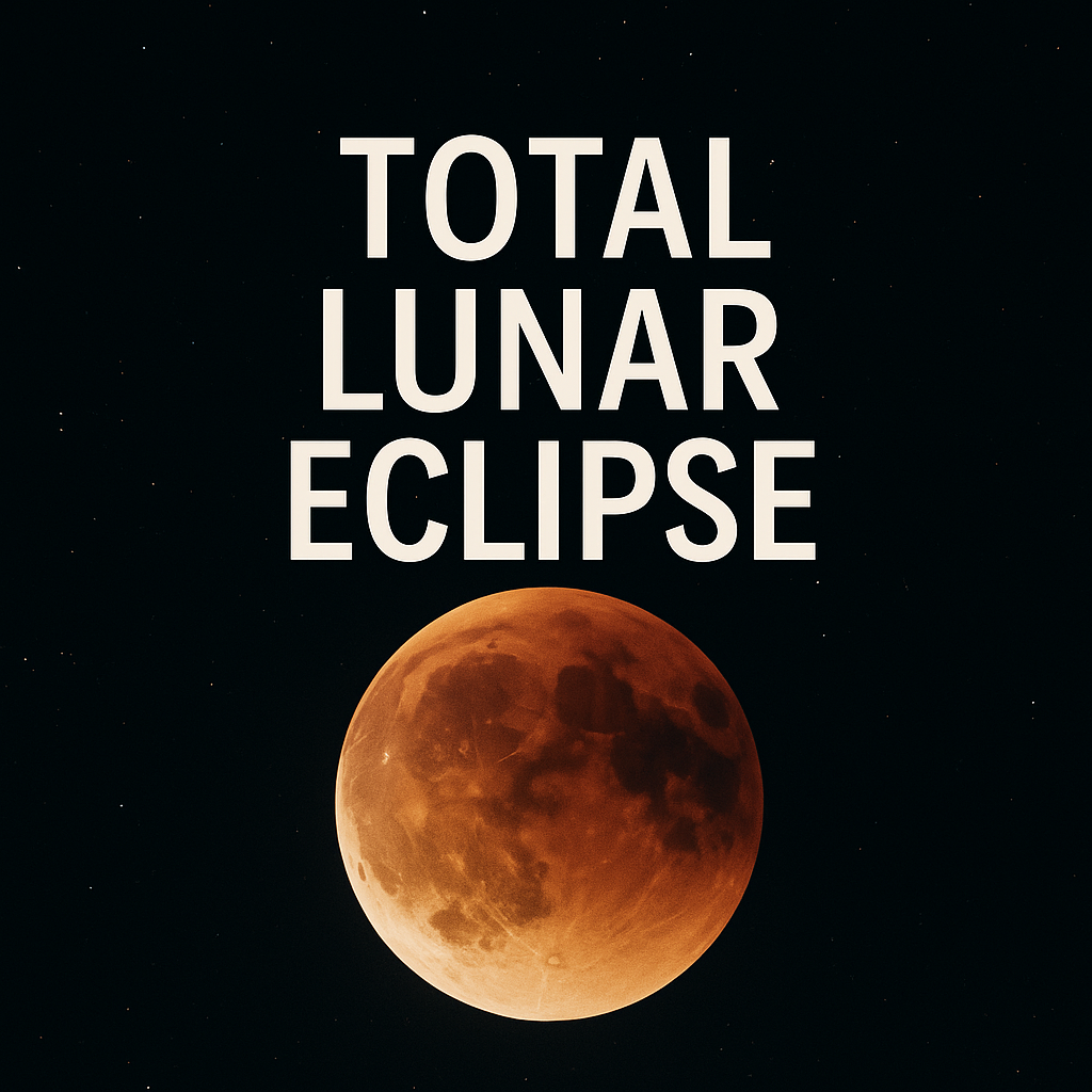 Realistic photograph of a total lunar eclipse with bold white text reading 'TOTAL LUNAR ECLIPSE' over a red-hued Moon against a dark starry sky