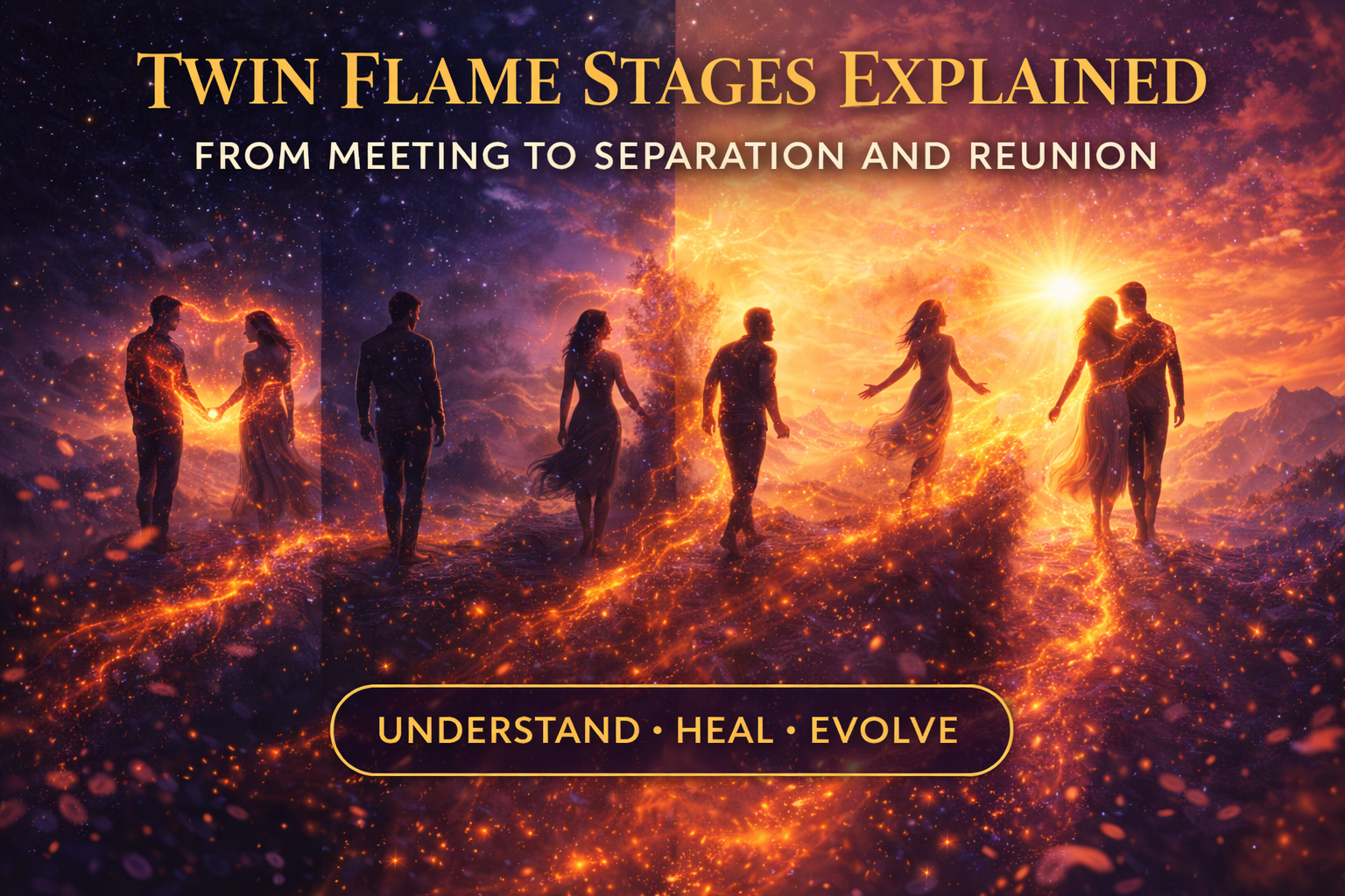 Illustration of twin flame stages showing a couple moving through connection, separation, and reunion along a glowing spiritual path