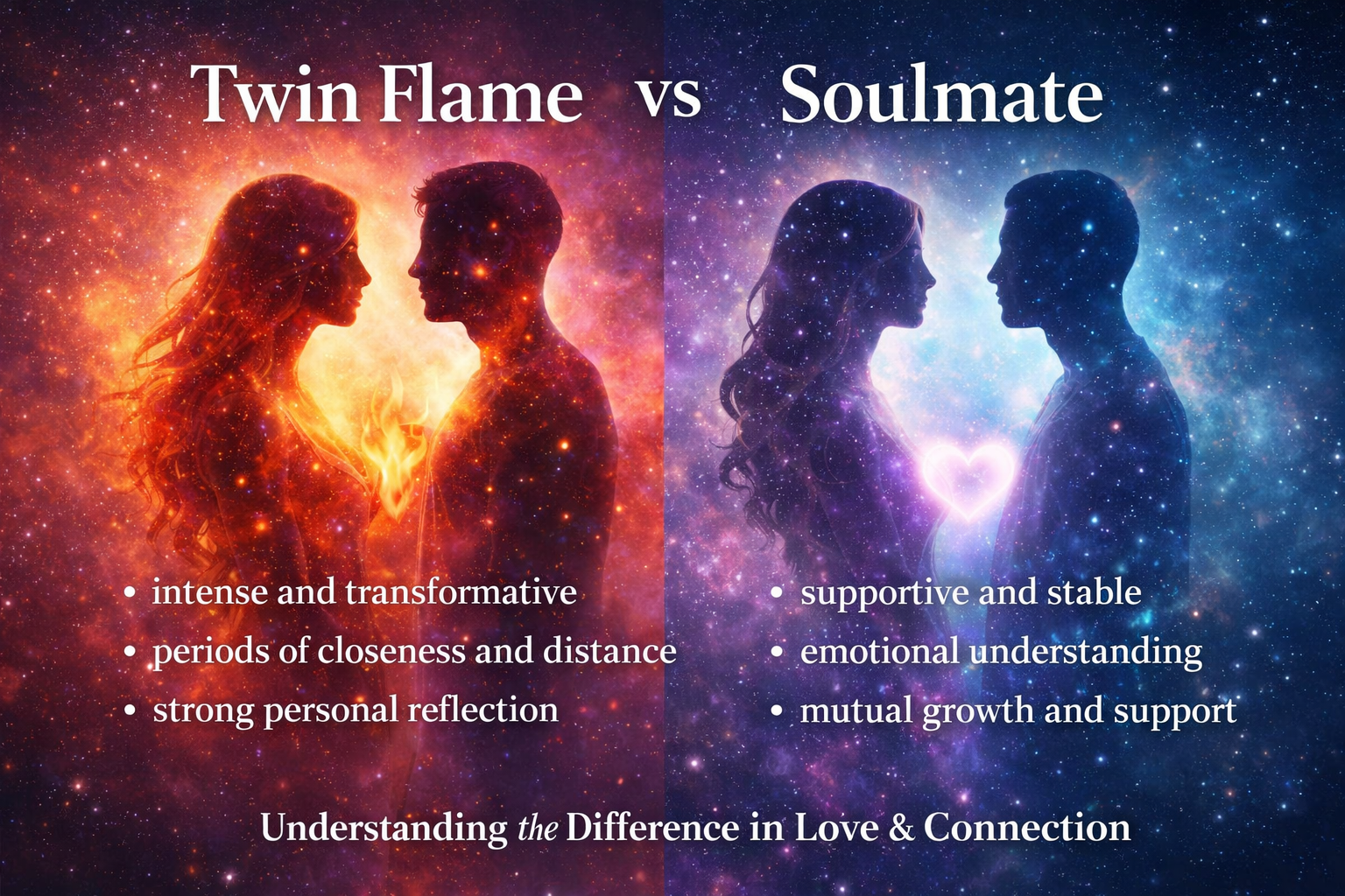 Twin flame vs soulmate differences illustration showing relationship dynamics, emotional connection, and spiritual love comparison