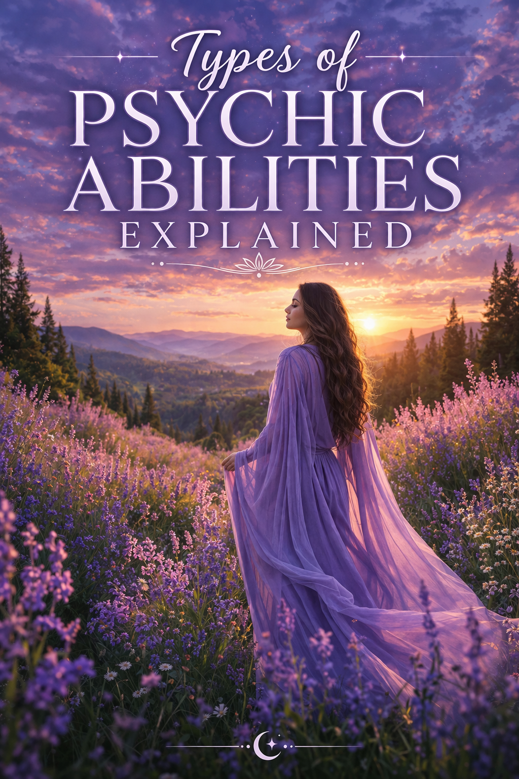 Woman in a lavender field at sunset representing intuition and the different types of psychic abilities explained in a calm, spiritual setting