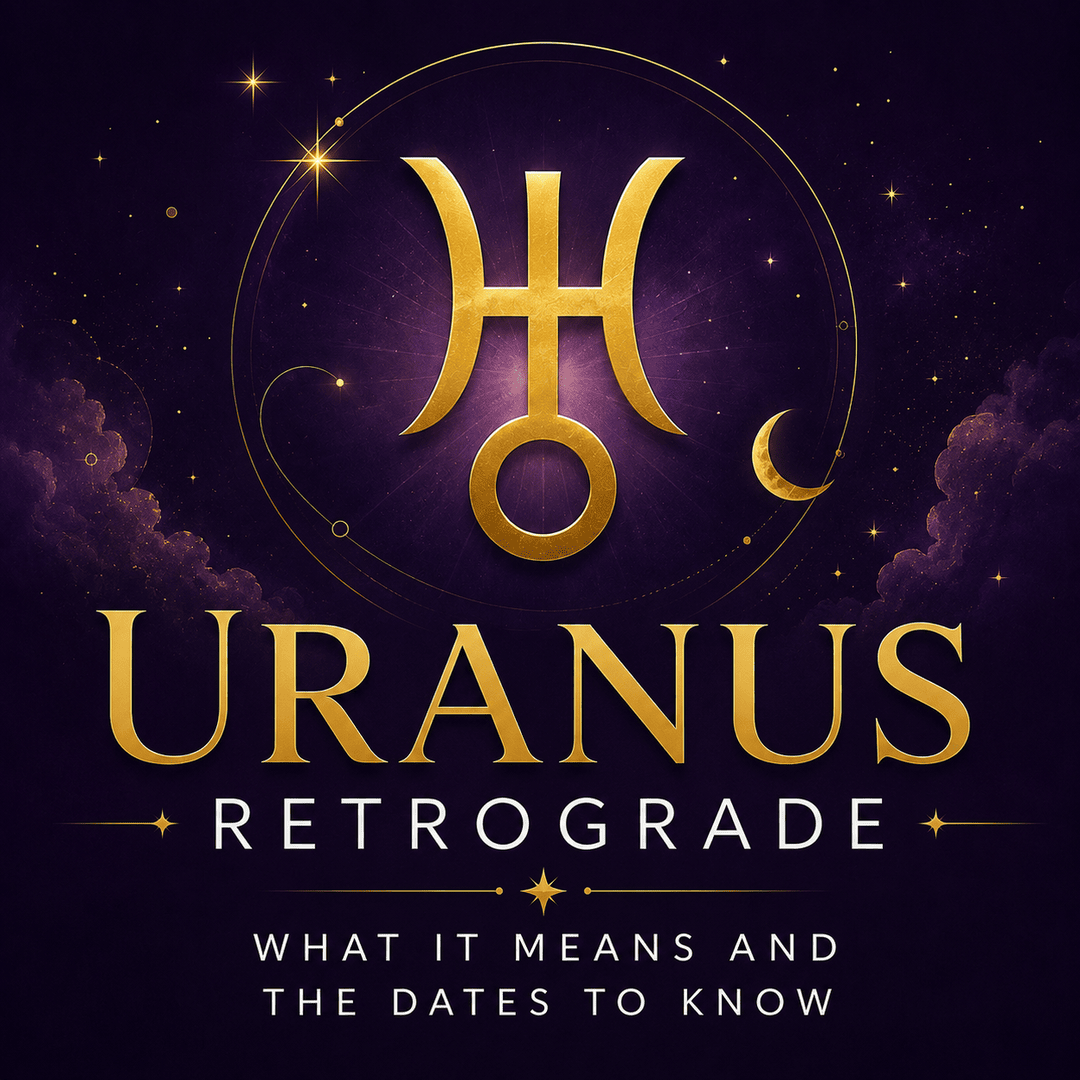 Gold Uranus symbol on a deep violet celestial background with “Uranus Retrograde: What It Means and the Dates to Know.”
