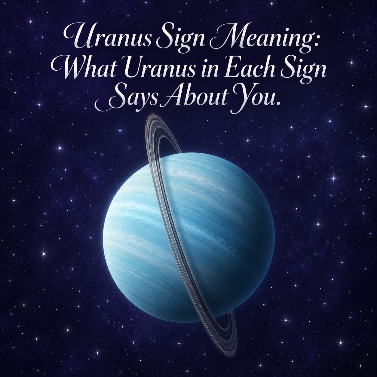 Uranus and its tilted rings in a violet starry sky beneath the title “Uranus Sign Meaning: What Uranus in Each Sign Says About You.”