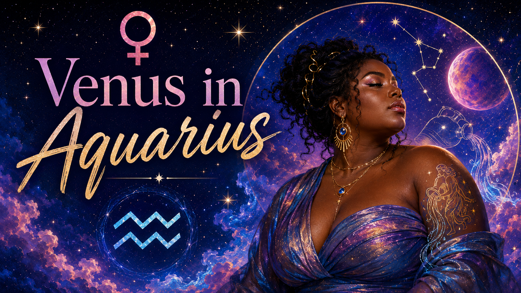 Celestial Venus in Aquarius graphic with a beautiful woman, Venus and Aquarius symbols, stars, purple clouds, and a glowing planet.