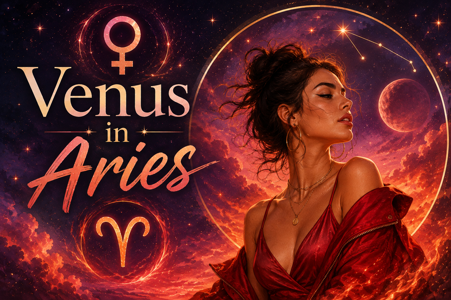Celestial Venus in Aries graphic with a woman in red, Venus and Aries symbols, stars, fiery clouds, and a glowing planet.