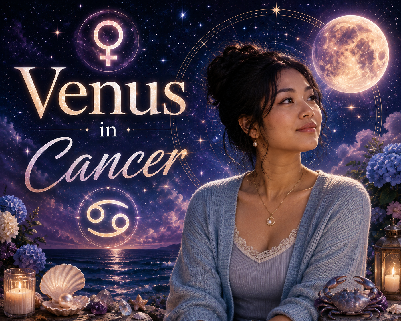 Celestial Venus in Cancer graphic with a beautiful woman, Venus and Cancer symbols, glowing moon, ocean, crab, flowers, and candles.