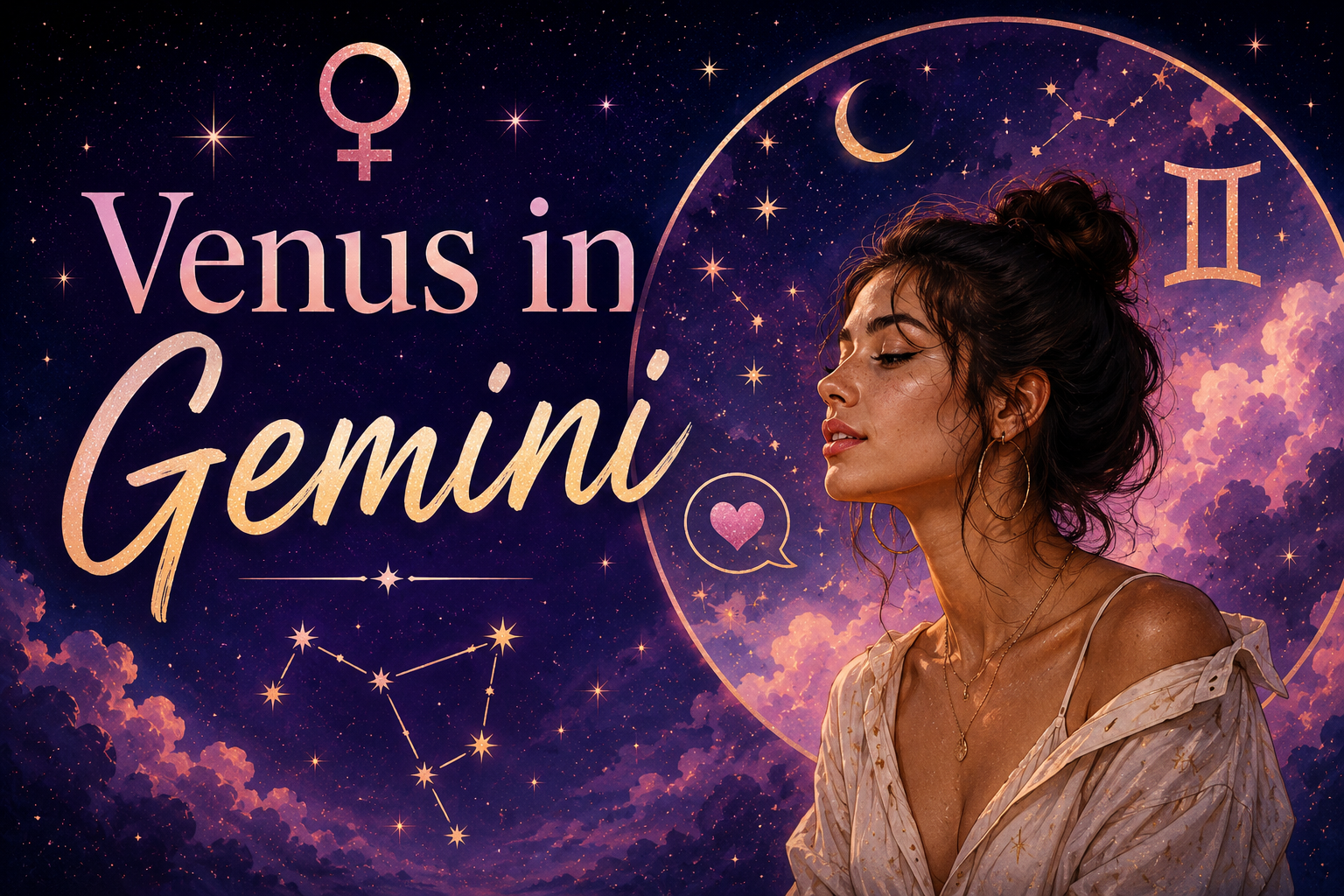 Celestial Venus in Gemini graphic with a woman, Venus and Gemini symbols, stars, pink clouds, and a purple night sky.