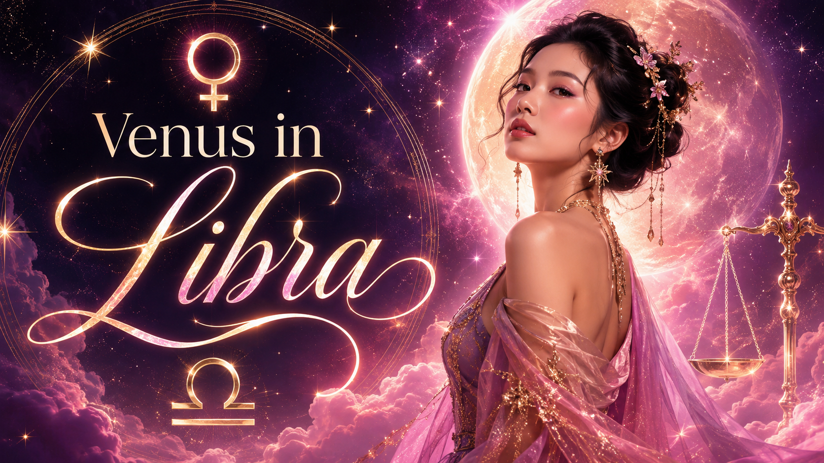Celestial Venus in Libra graphic with an Asian woman, Venus and Libra symbols, glowing scales, stars, pink clouds, and a radiant moon.
