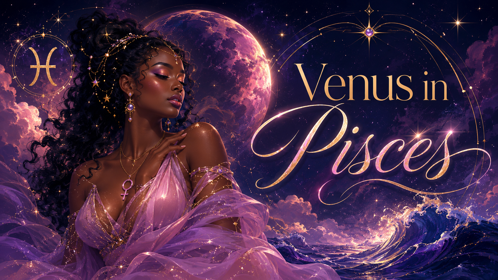 Celestial Venus in Pisces graphic with a beautiful woman, Pisces symbol, glowing planet, stars, purple clouds, and ocean waves.