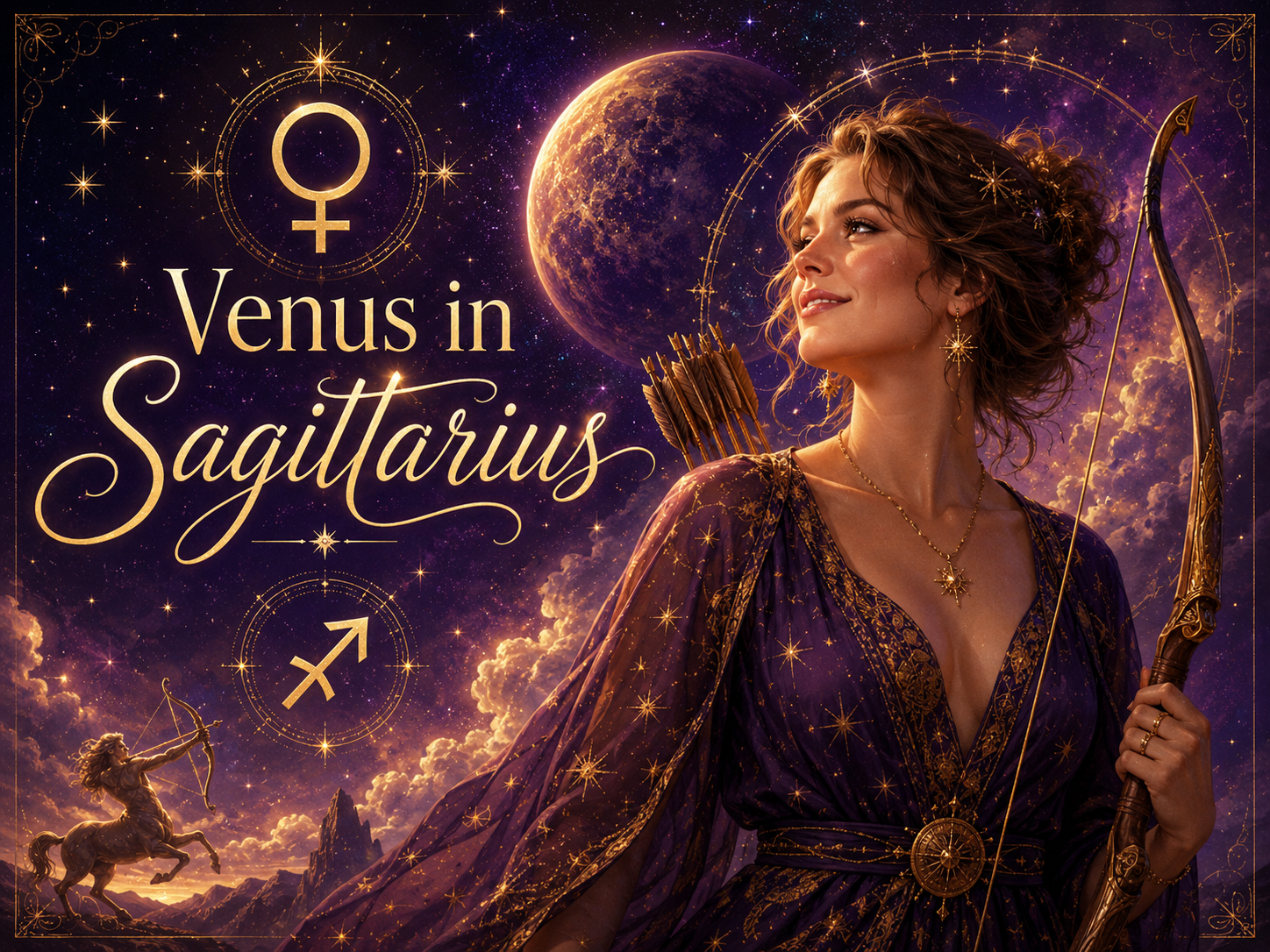 Celestial Venus in Sagittarius graphic with a woman holding a bow, Venus and Sagittarius symbols, stars, purple clouds, and a glowing planet.