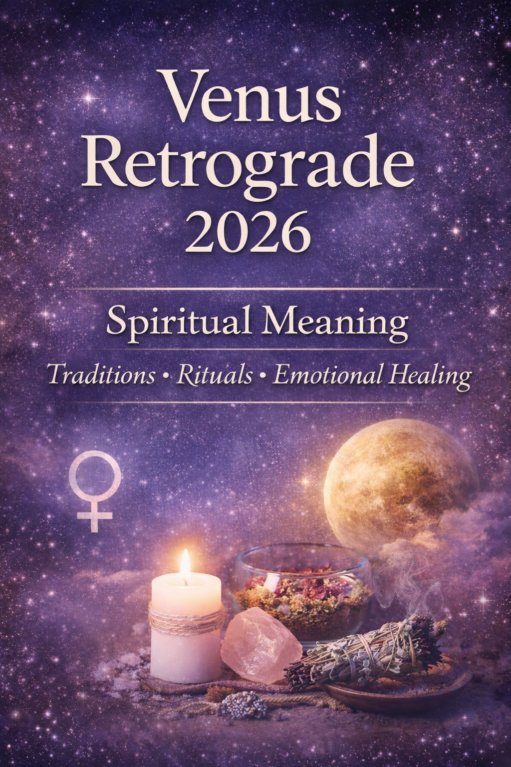 Venus Retrograde 2026 spiritual traditions image with candle, crystals, and sage for emotional healing.
