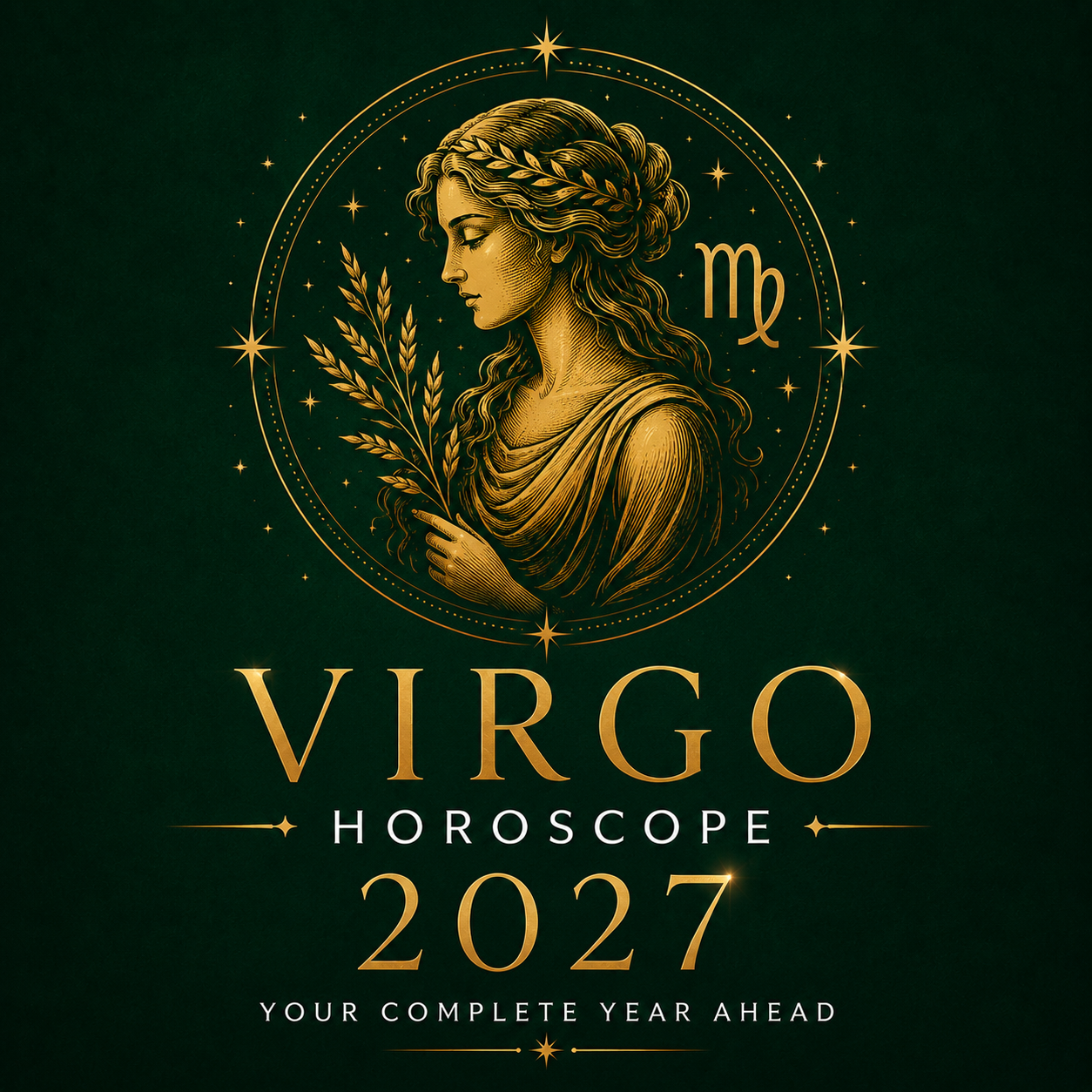 Gold Virgo maiden and zodiac symbol on a deep emerald green background with “Virgo Horoscope 2027: Your Complete Year Ahead.”
