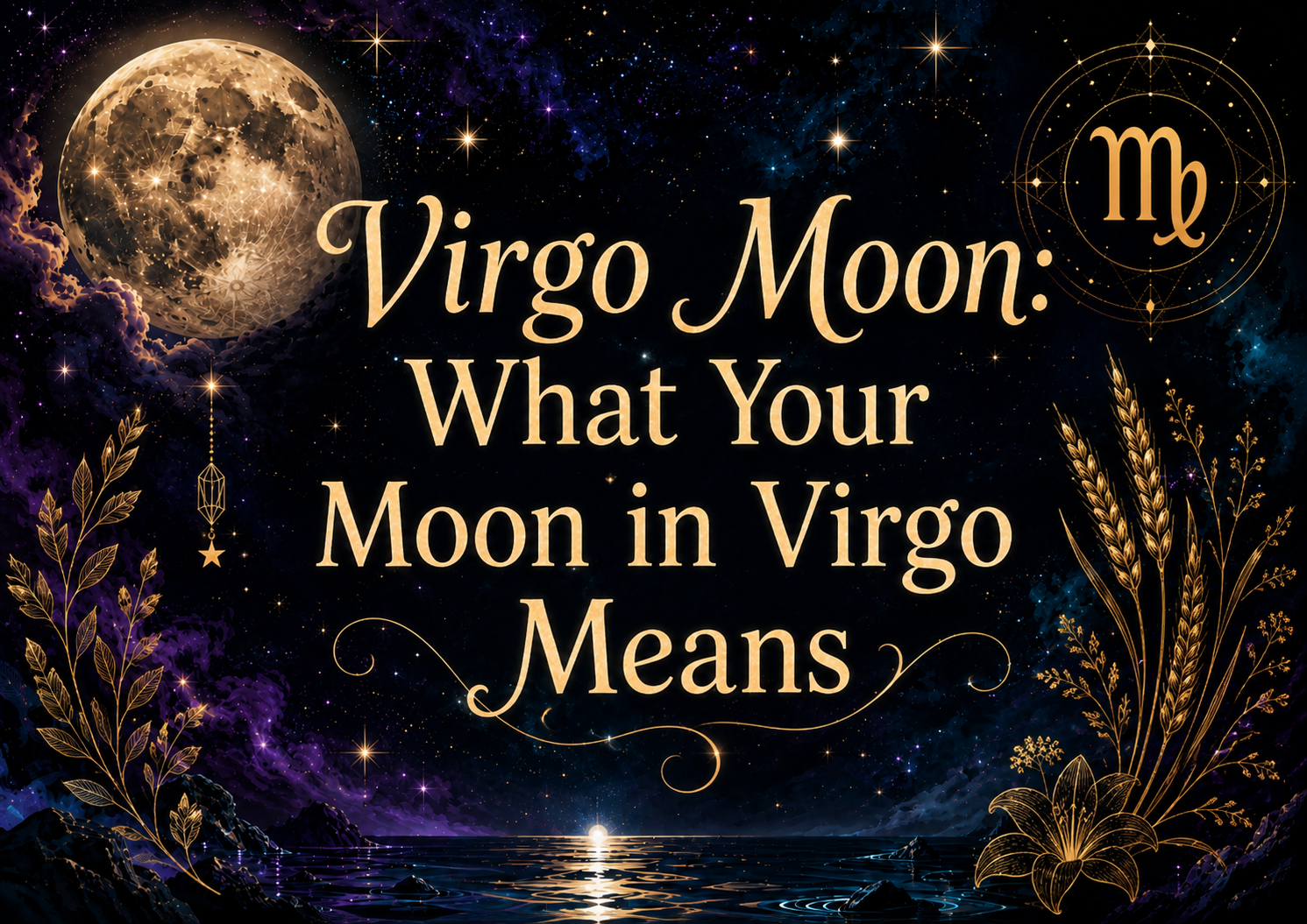 Celestial Virgo Moon graphic with a glowing moon, stars, Virgo symbol, and golden botanical details.