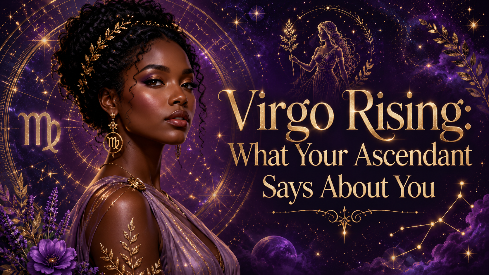 Celestial Virgo Rising image with a woman, Virgo symbols, flowers, and gold astrology details against a purple cosmic sky.
