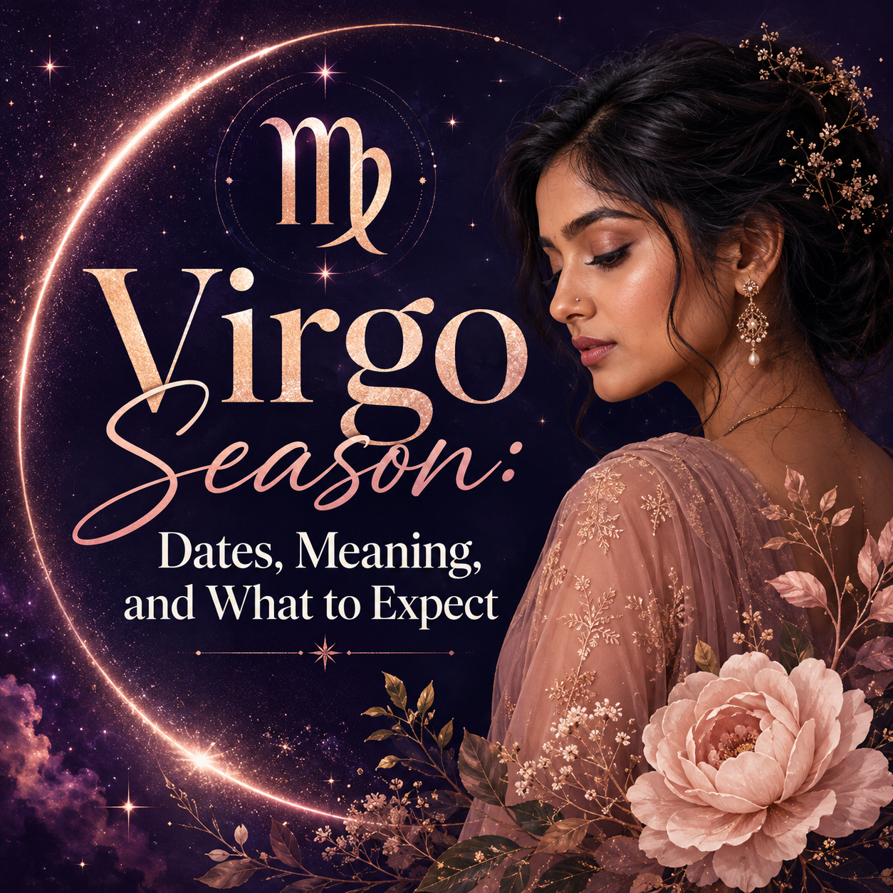 Virgo Season astrology graphic featuring a South Asian woman, Virgo symbol, celestial stars, and soft flowers with the title Dates, Meaning, and What to Expect.