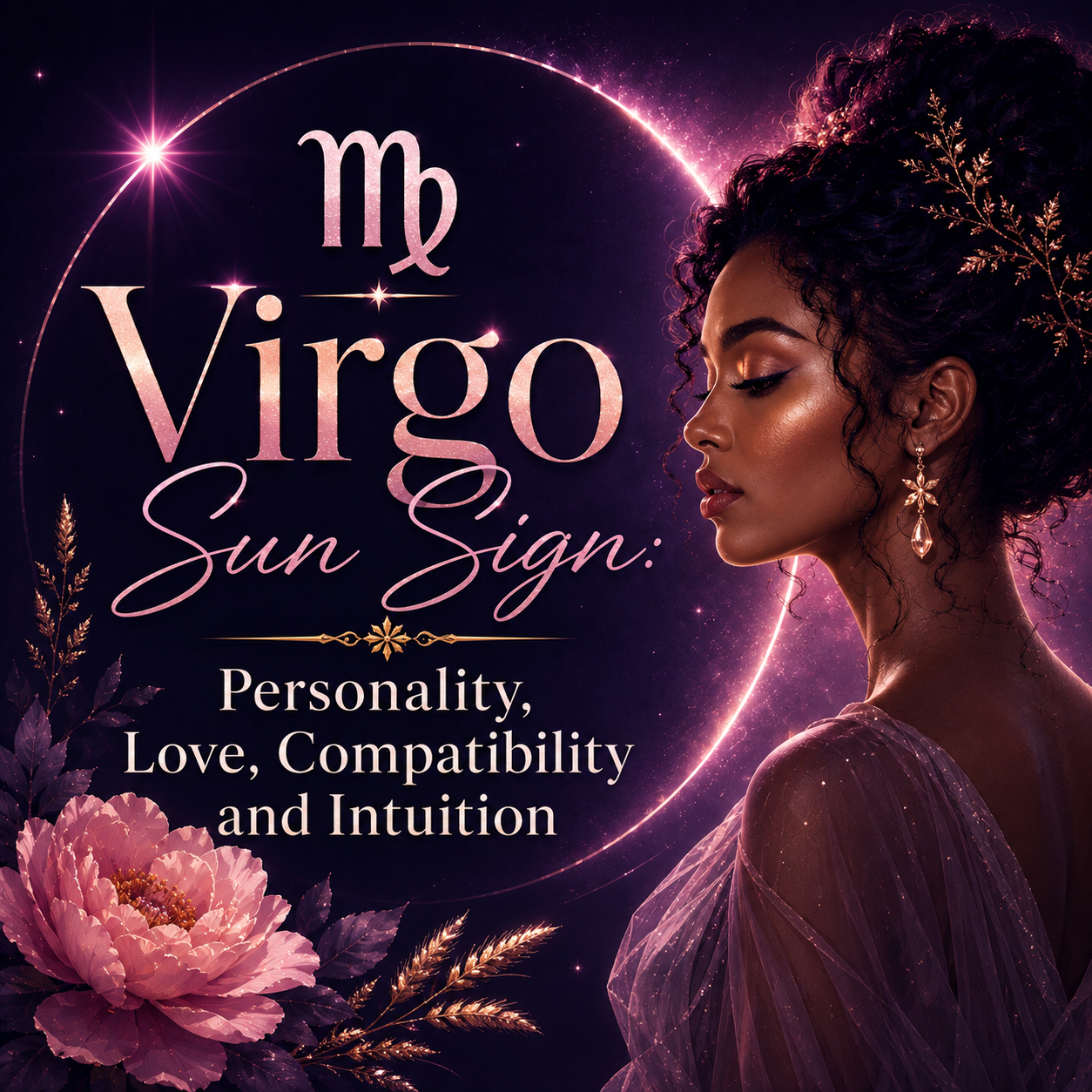 Virgo Sun Sign astrology graphic featuring a Black woman, Virgo symbol, pink flowers, and celestial imagery representing personality, love, compatibility, and intuition.
