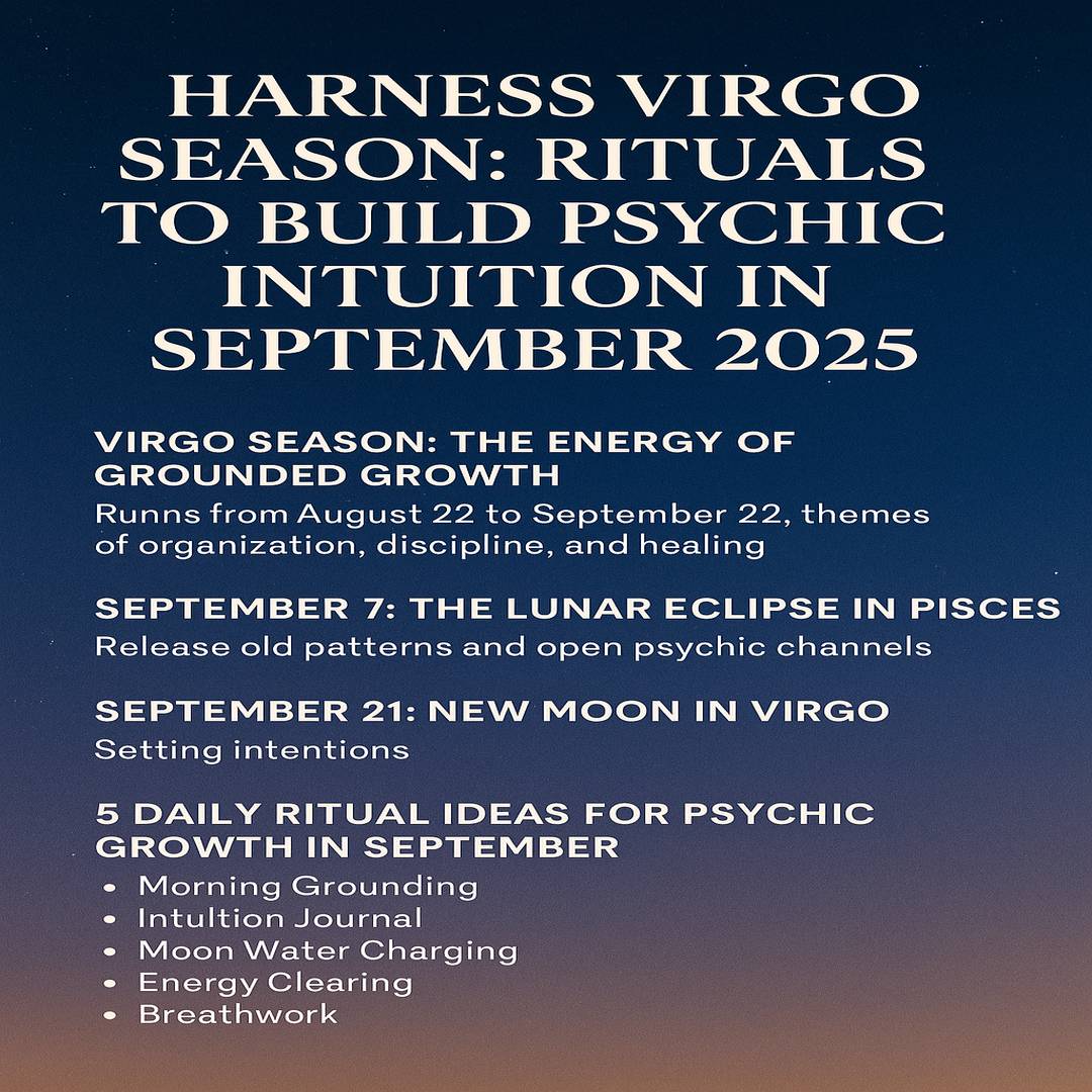 Virgo season spiritual graphic with glowing moon, Virgo constellation, candle ritual elements, and journal in soft golden and violet tones