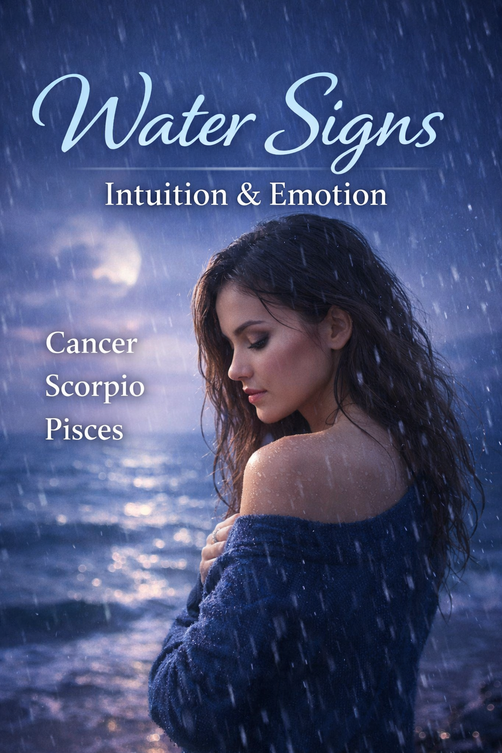 Water signs astrology image featuring Cancer Scorpio and Pisces with emotional intuitive woman by ocean representing psychic energy and deep feelings