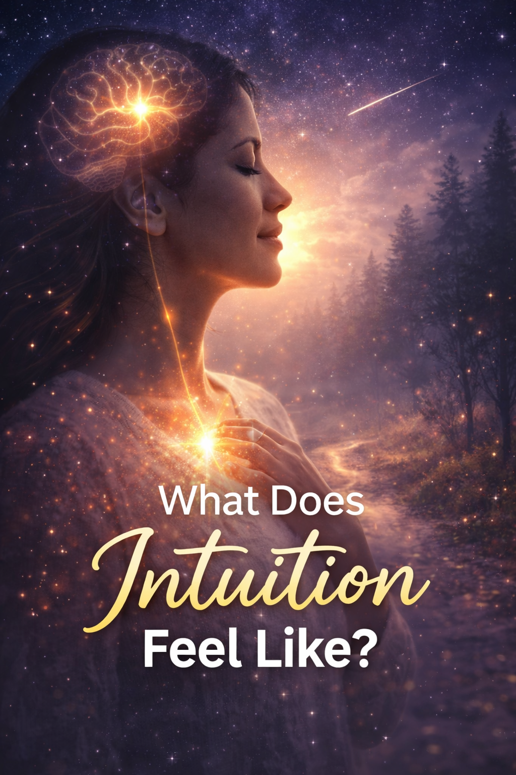 Woman with eyes closed and glowing light connecting her heart and mind, symbolizing intuition as a calm inner knowing and emotional awareness