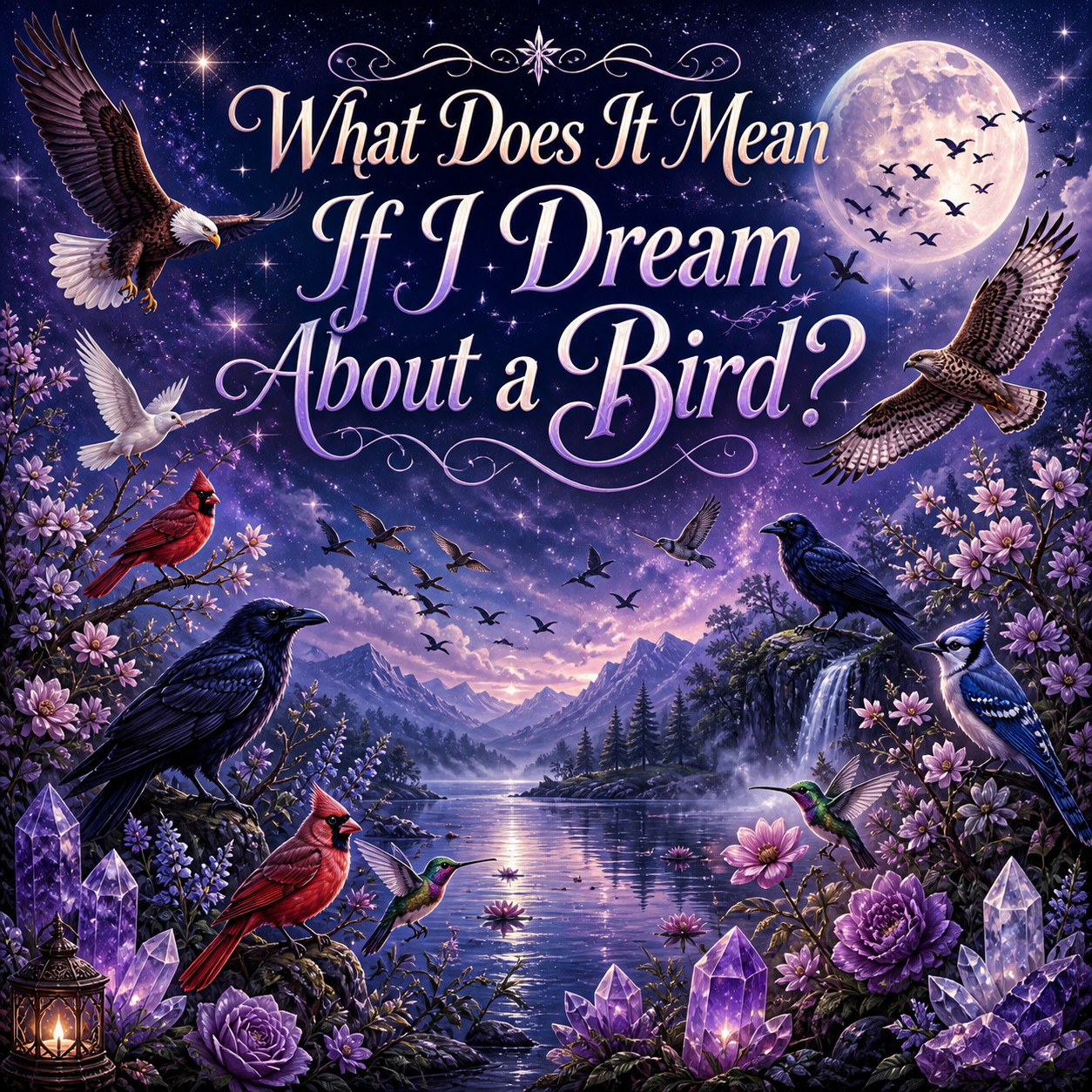 Mystical bird dream image with a flock of flying birds, cardinals, ravens, crows, an eagle, a hawk, hummingbirds, blue jays, moonlit lake, crystals, and title text.