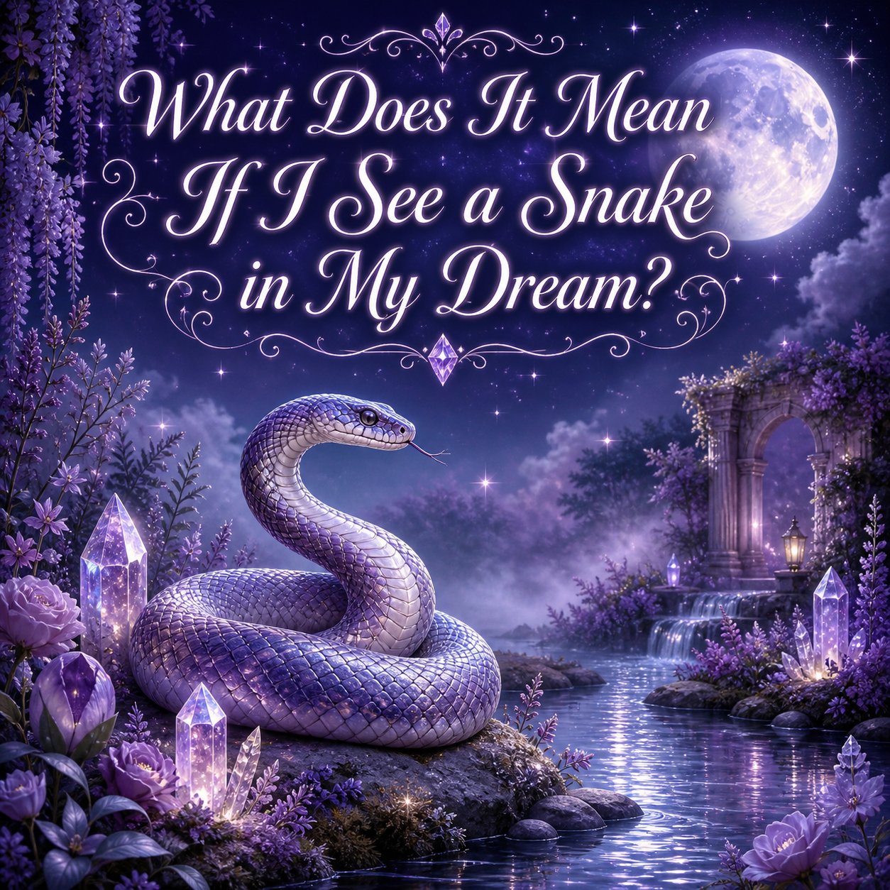 Mystical snake dream image with a graceful lavender snake, full moon, purple flowers, glowing crystals, reflective water, and title text.