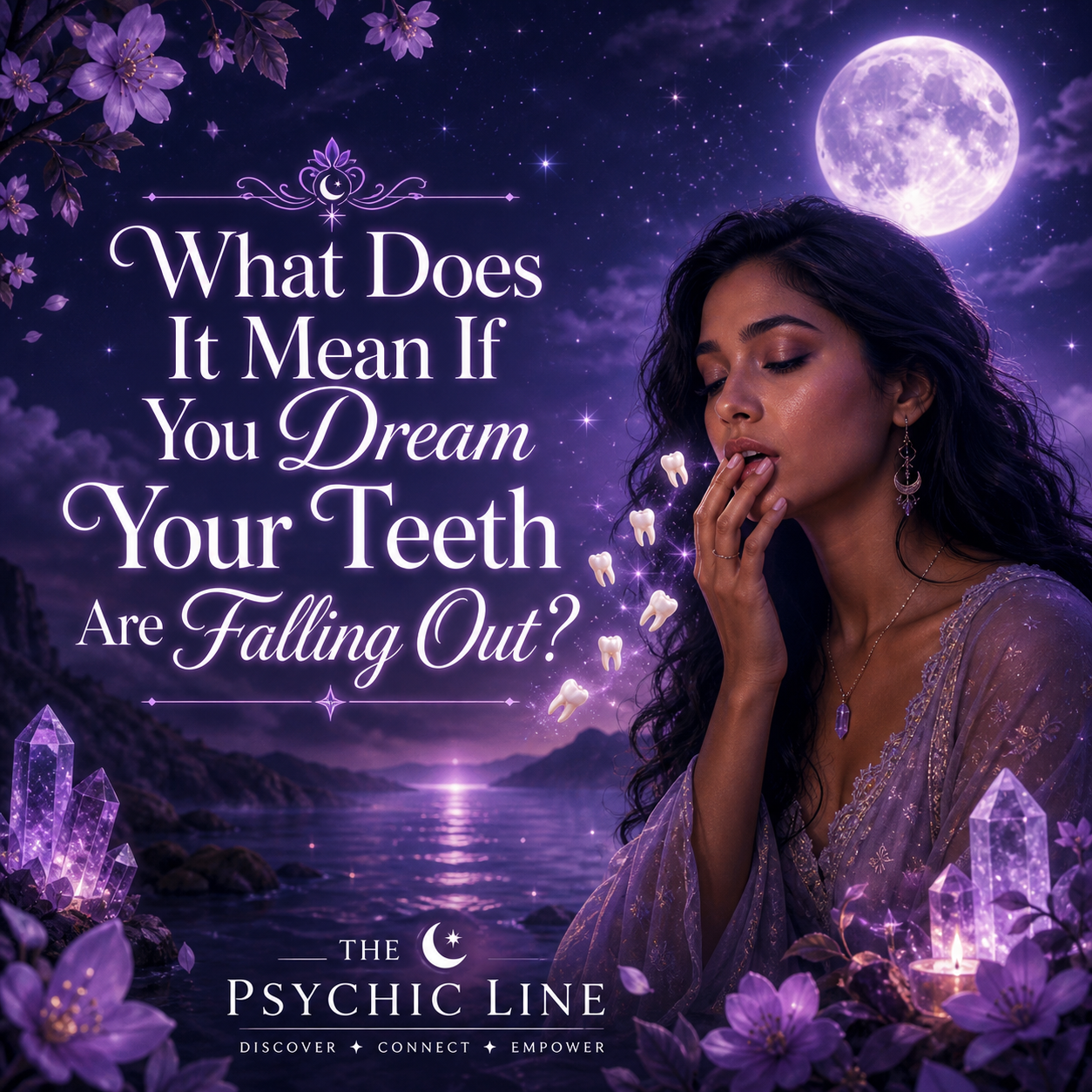 Mystical teeth falling out dream image with a woman under a full moon, glowing teeth, purple flowers, crystals, and title text.