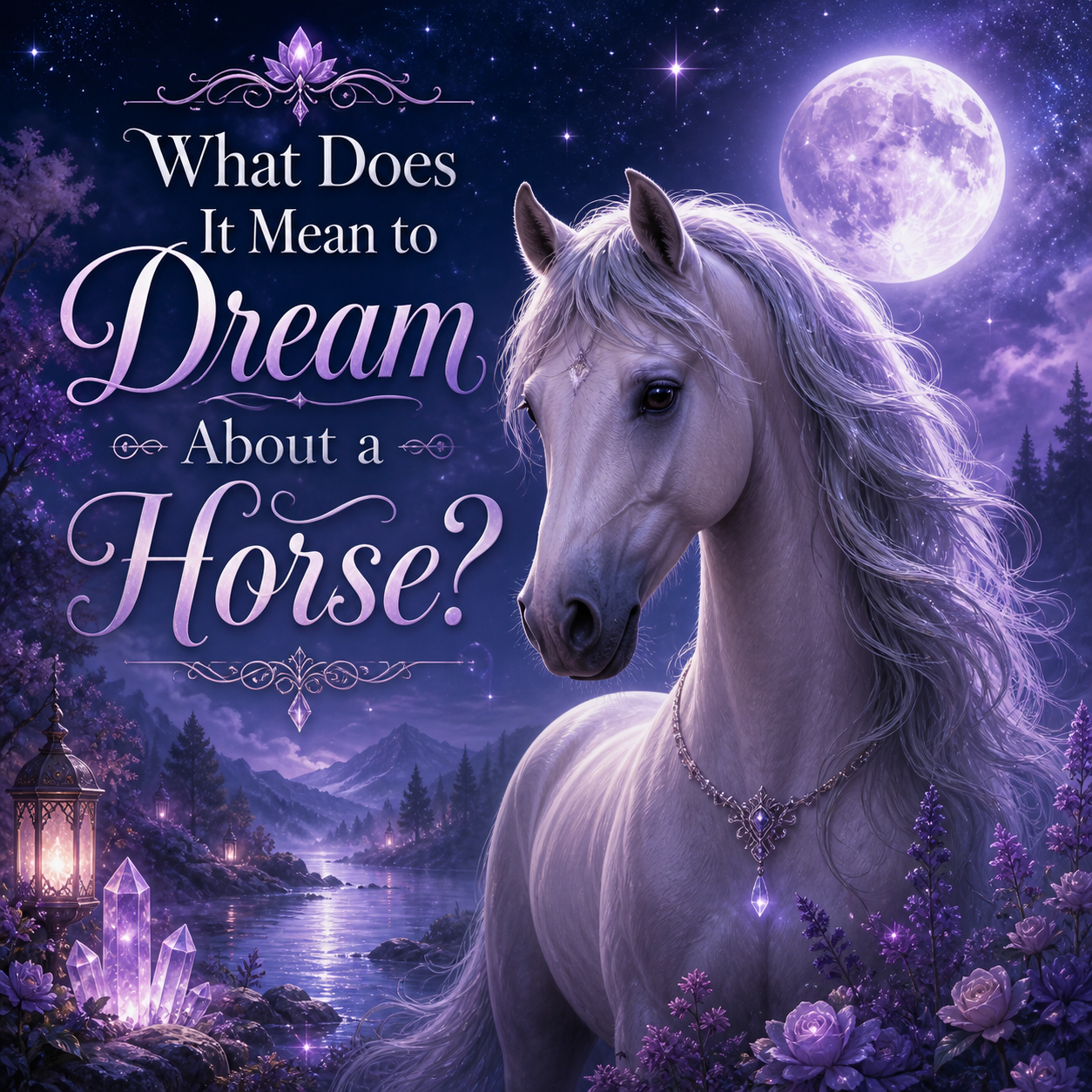 Mystical horse dream image with a white horse, full moon, glowing crystals, purple flowers, moonlit water, and title text.