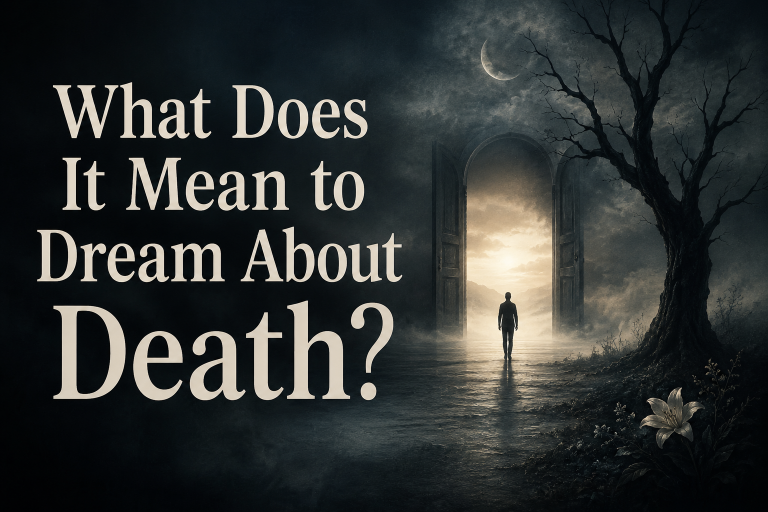 Dream about death meaning with a figure walking toward a glowing doorway.