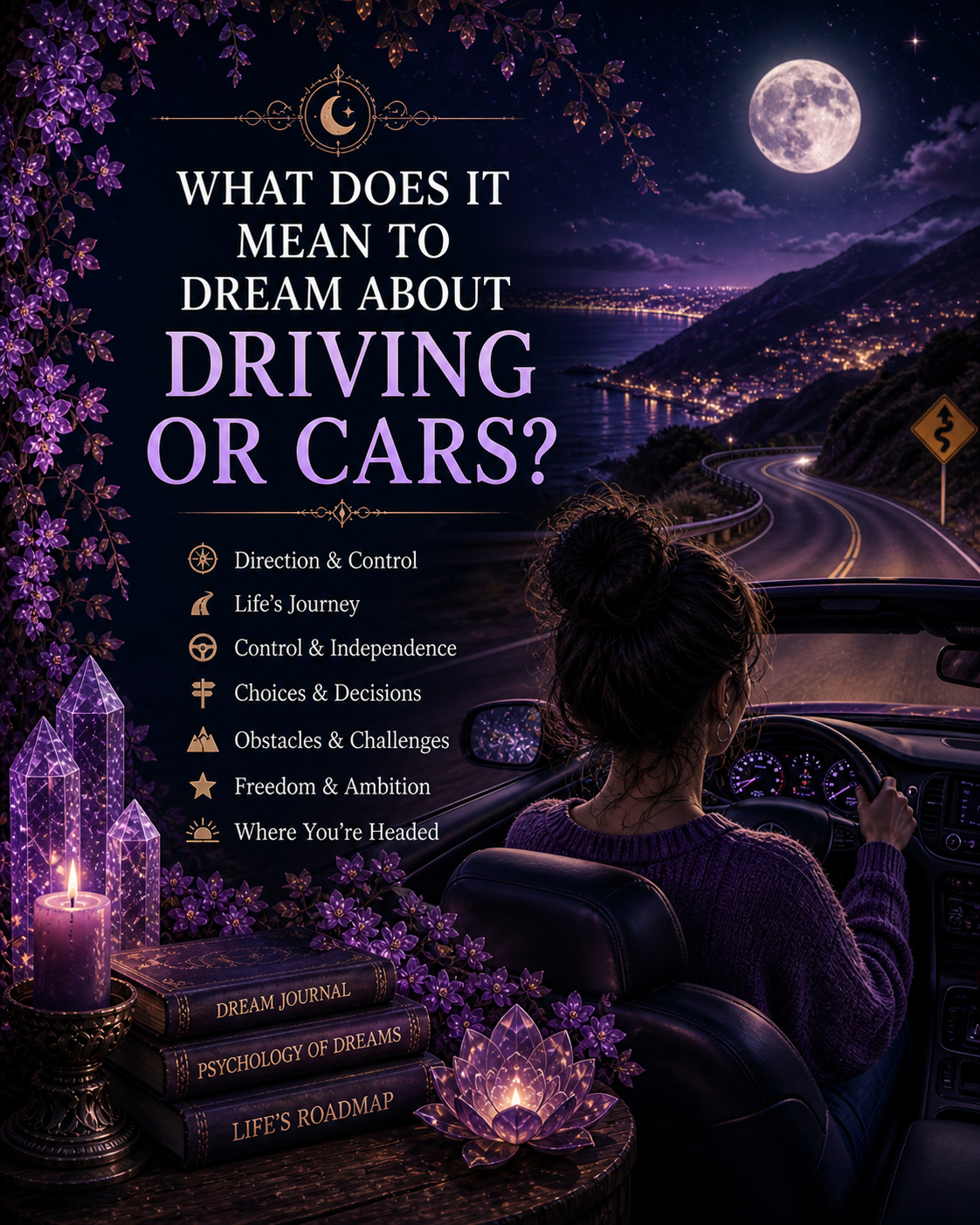 Dream image about death symbolism with a woman facing a glowing doorway, moonlit water, butterflies, purple flowers, crystals, and title text.