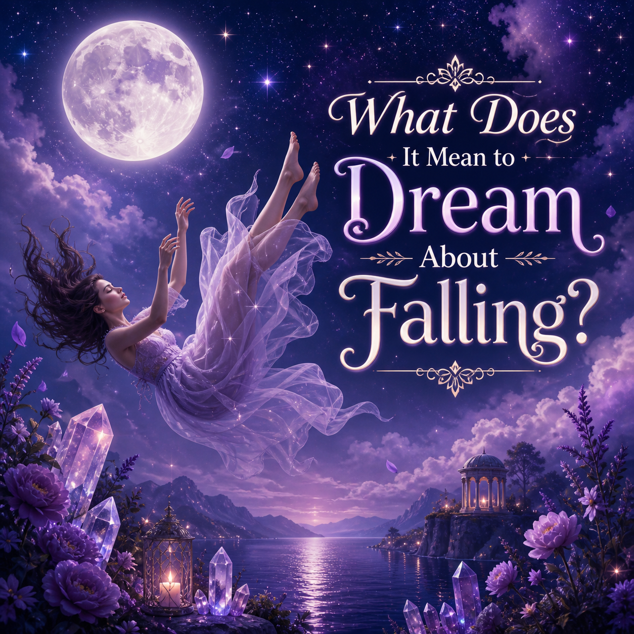Mystical falling dream image with a woman floating downward under a full moon, purple flowers, glowing crystals, moonlit water, and title text.
