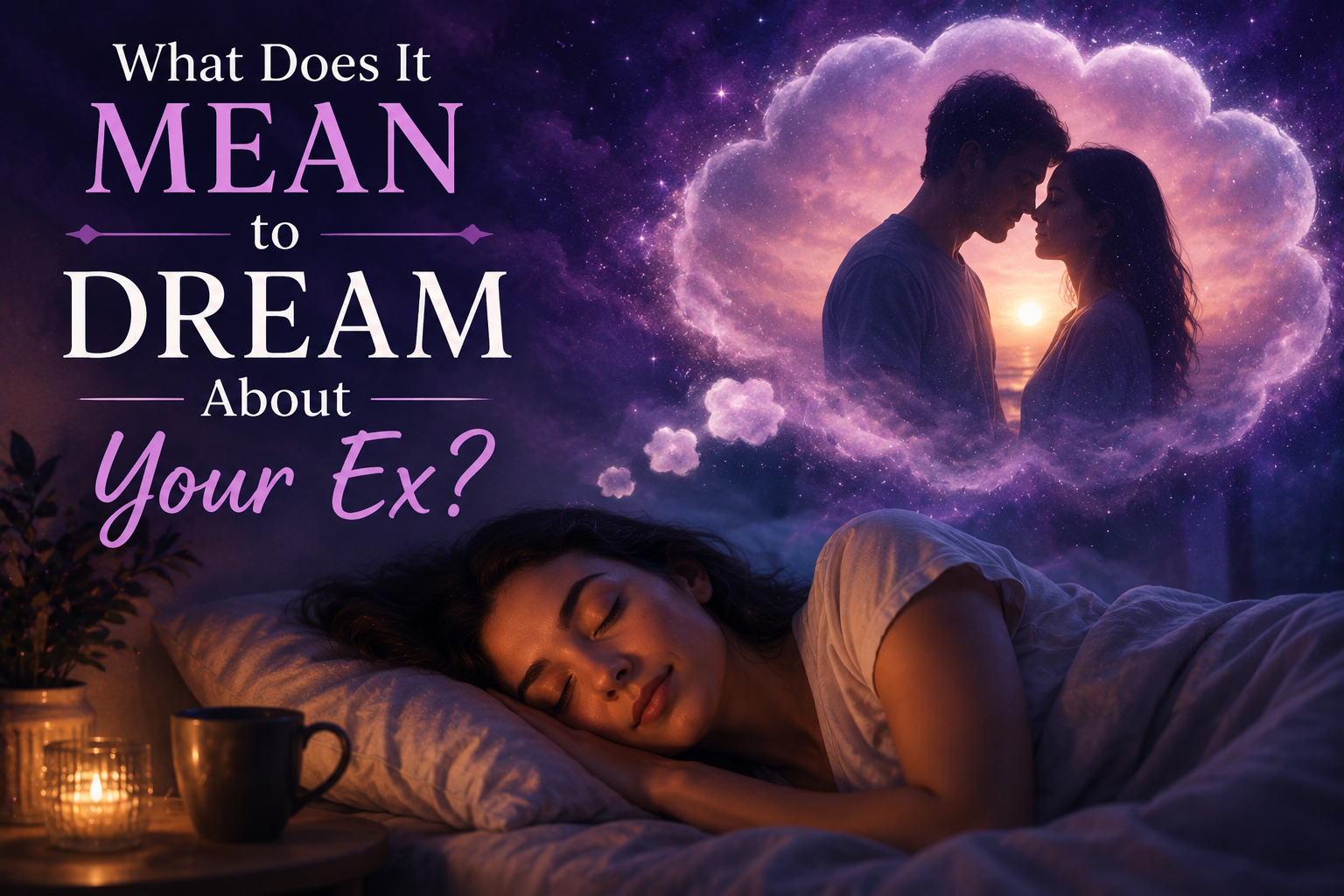 Woman peacefully sleeping while dreaming about her ex-partner inside a glowing dream cloud, representing emotional memories, unresolved feelings, and dream interpretation