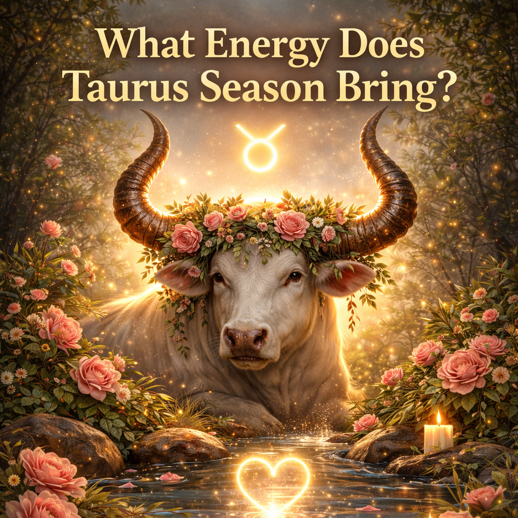 Taurus zodiac symbol with bull, roses, and glowing water representing the spiritual energy of Taurus season