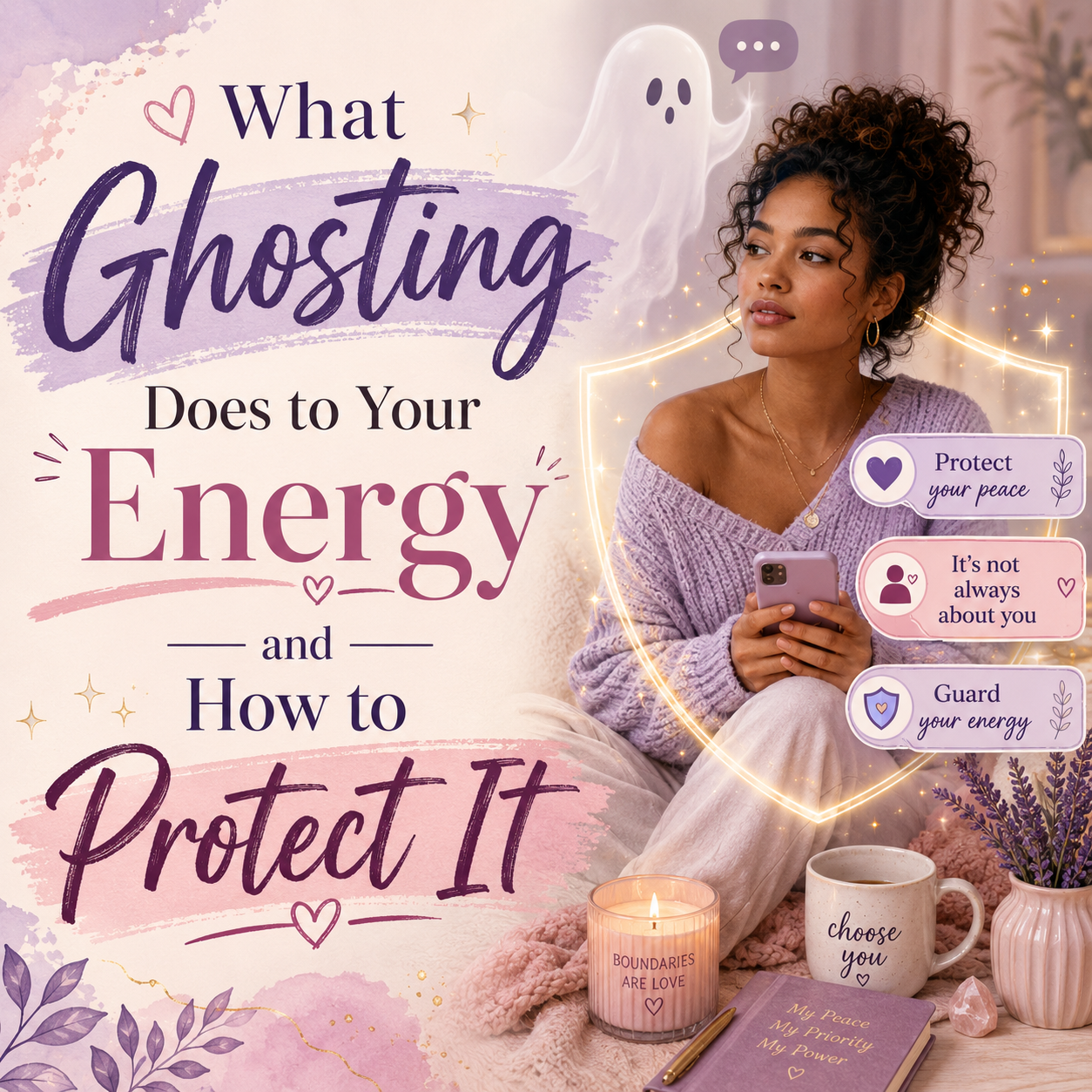Woman holding her phone inside a glowing protective shield with a soft ghost nearby, representing how ghosting affects your energy and the importance of protecting your peace.