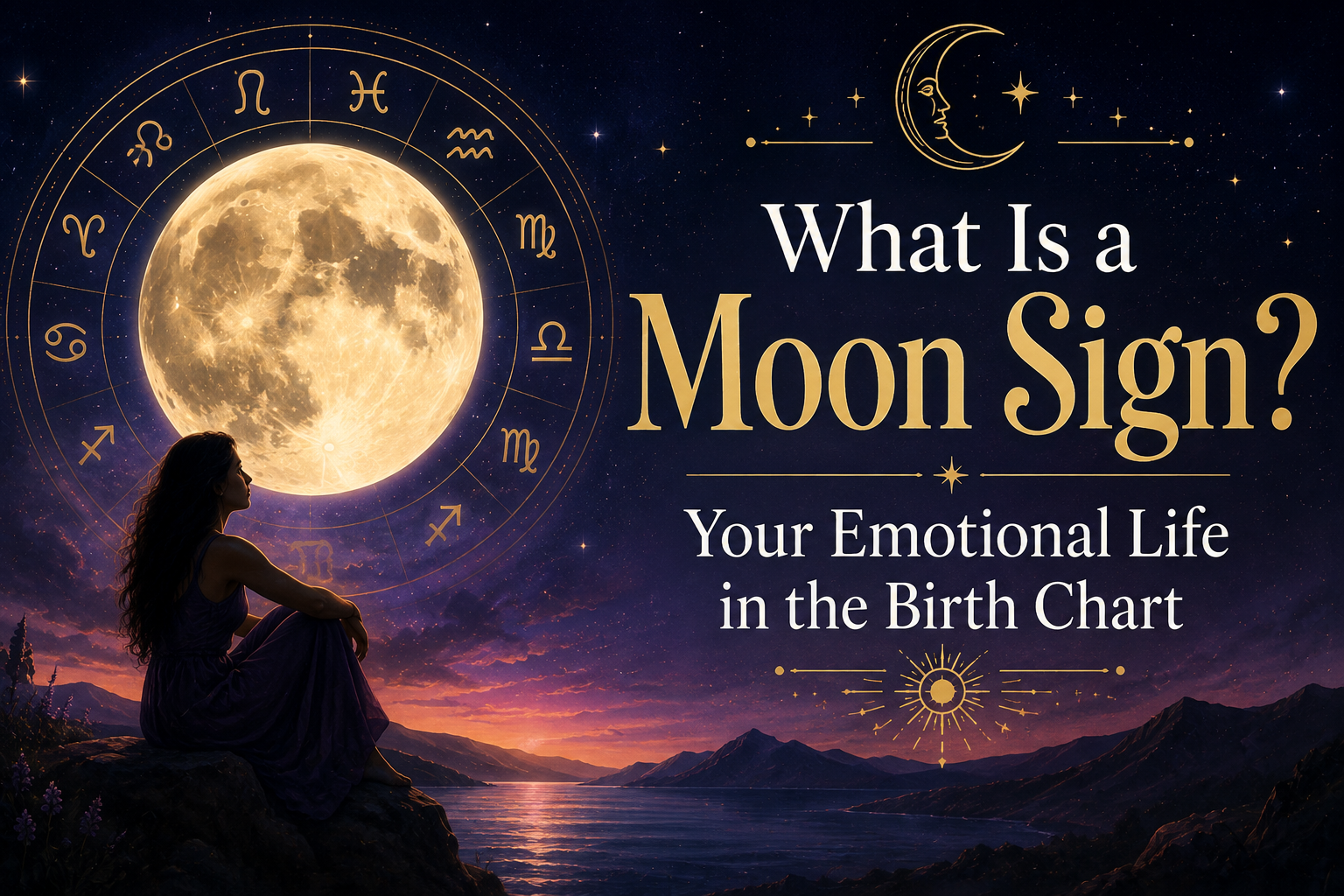 Celestial moon sign graphic with a glowing full moon, zodiac wheel, starry sky, and woman overlooking a mountain lake.