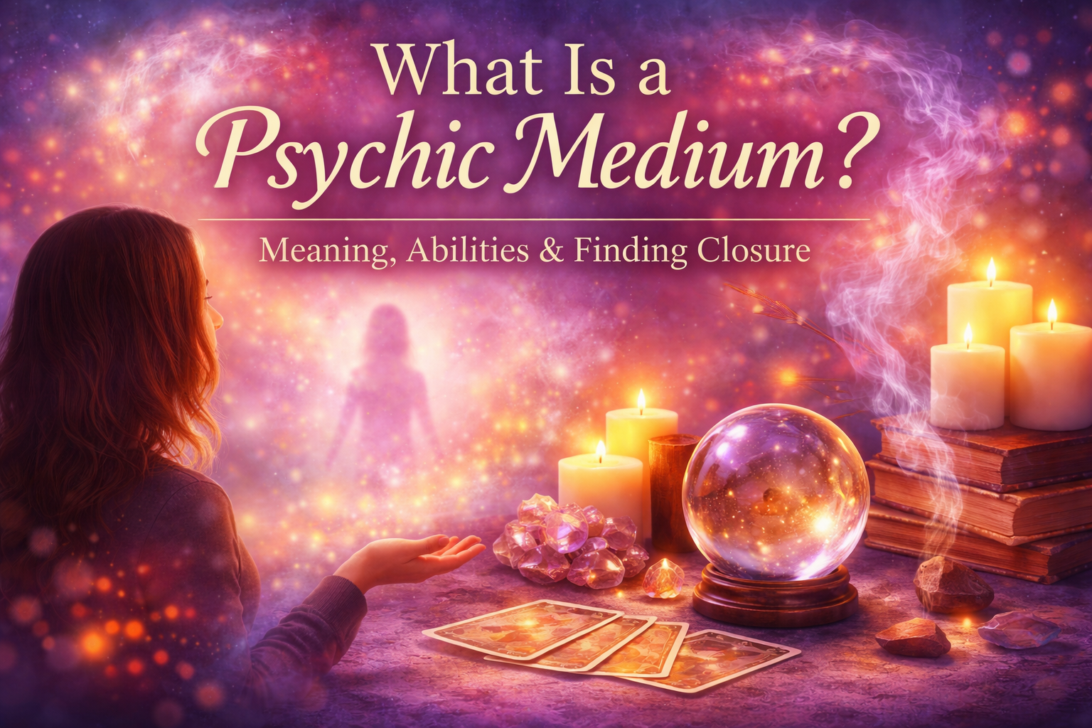 Woman reaching toward a glowing spirit figure with crystal ball, candles, and tarot cards with text "What Is a Psychic Medium?" representing spiritual connection, mediumship, and intuitive energy reading